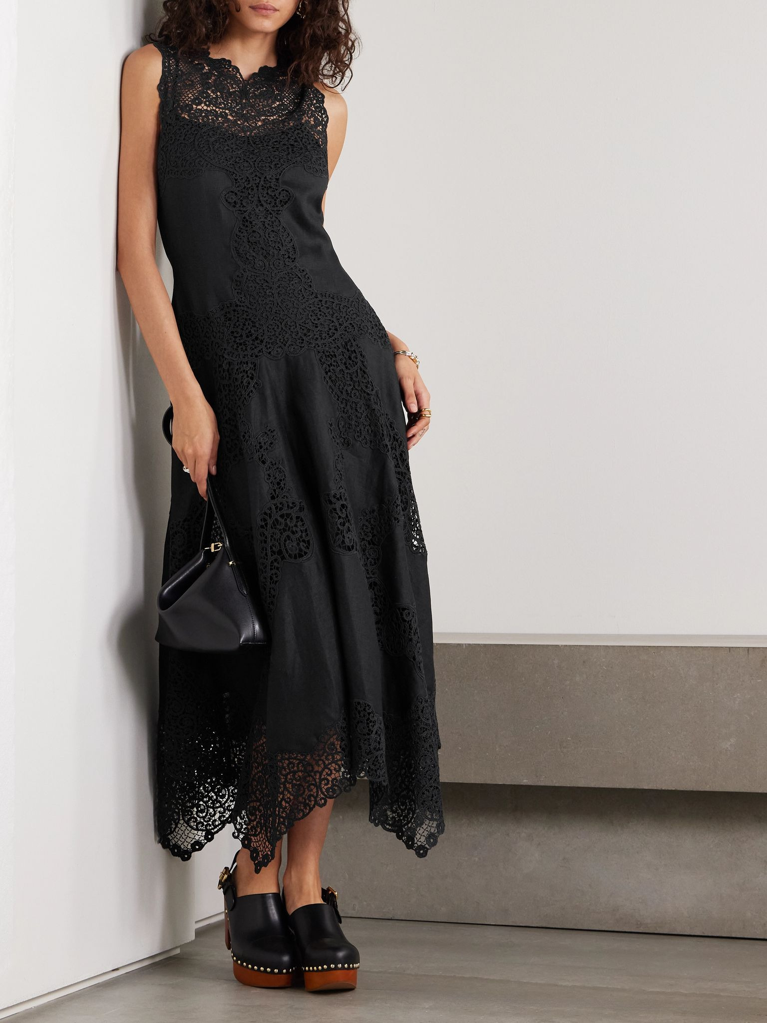 Arlette asymmetric guipure lace-trimmed linen midi dress Black - 2