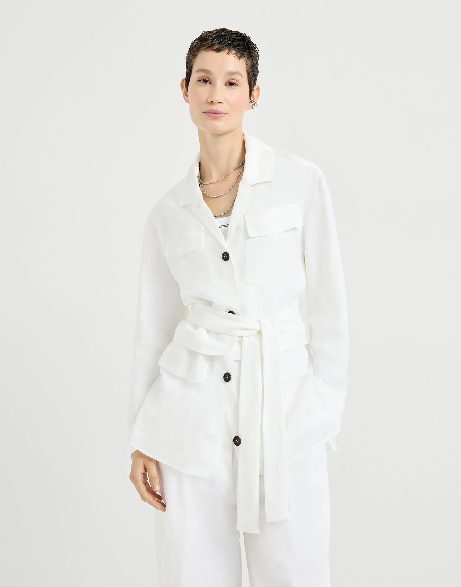 Viscose and linen fluid twill safari jacket with monili - 1
