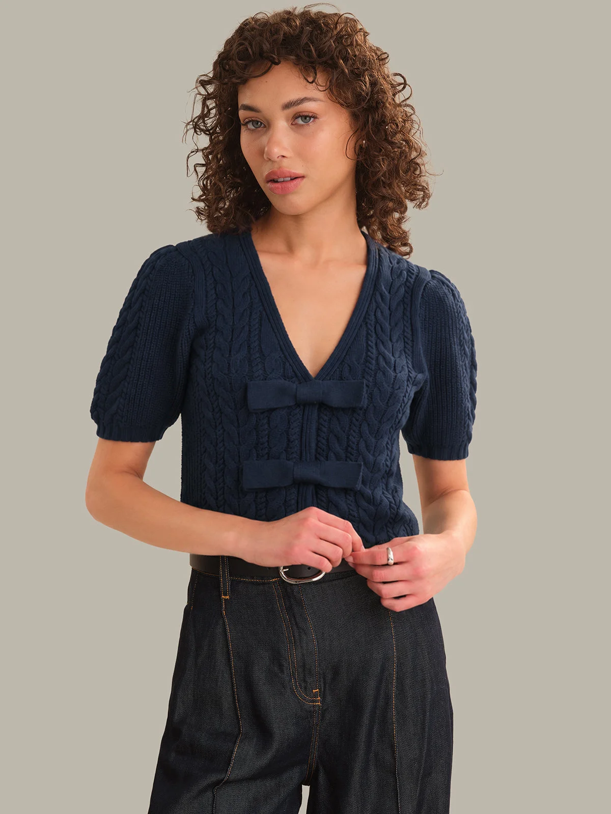 Alexandra All Over Cable Puff Sleeve Bow Cardigan - 1