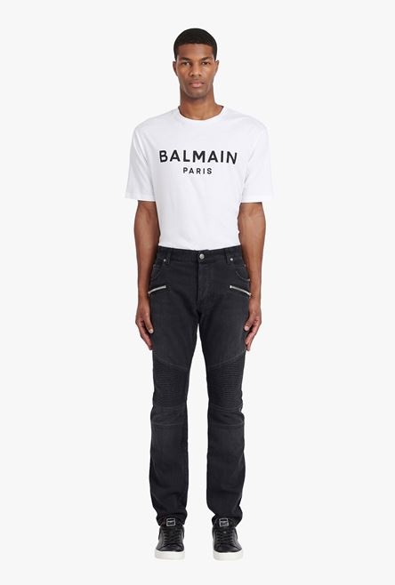 Slim cut faded and ridged black cotton jeans with Balmain monogram on hem - 4