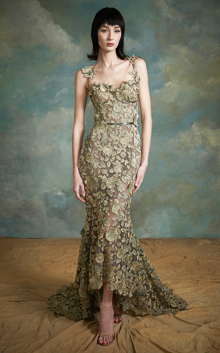 Floral-Appliqued Ruffle Maxi Dress gold - 1