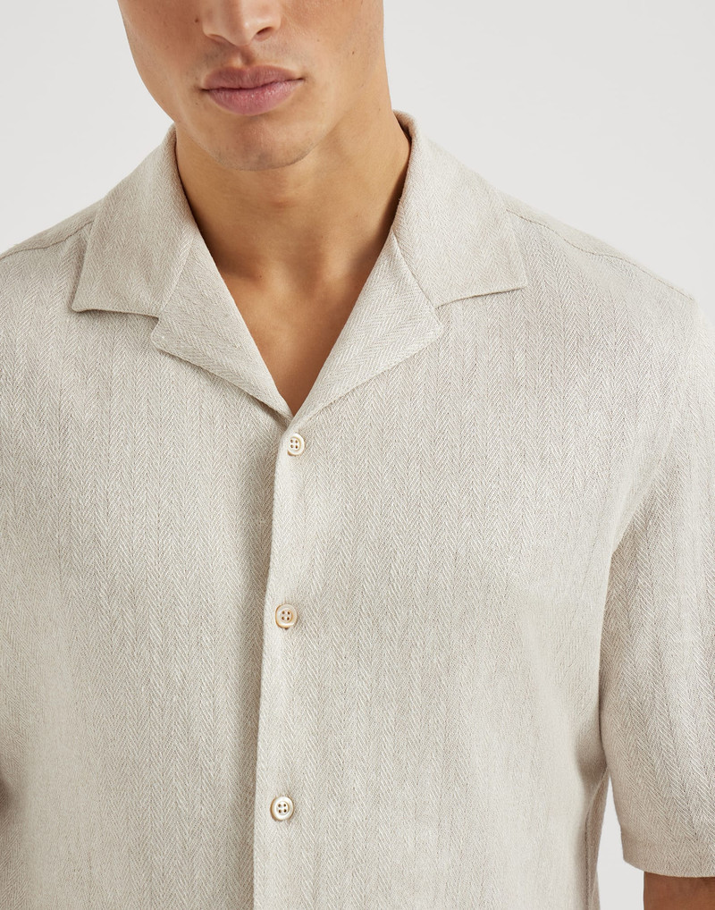 Linen and cotton chevron jersey short sleeve shirt with camp collar 5