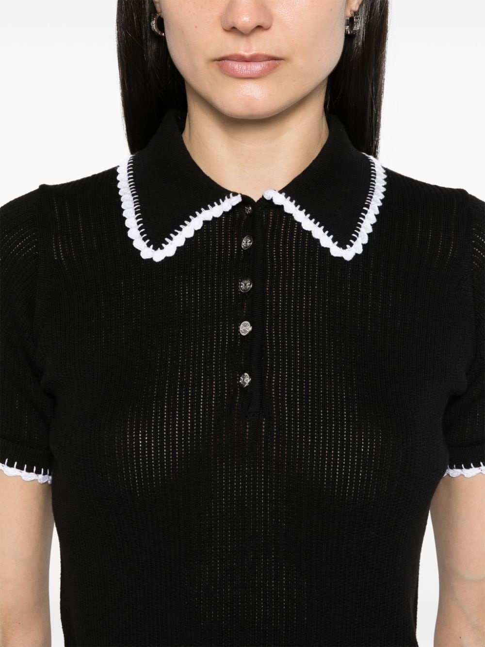 crochet-trim knitted polo top - 5