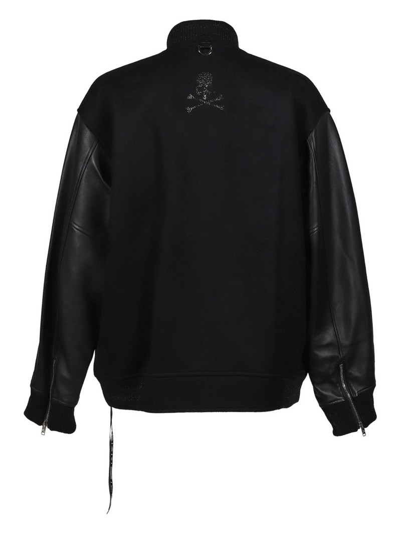MASTERMIND WORLD skull-embellished leather-sleeved jacket outlook