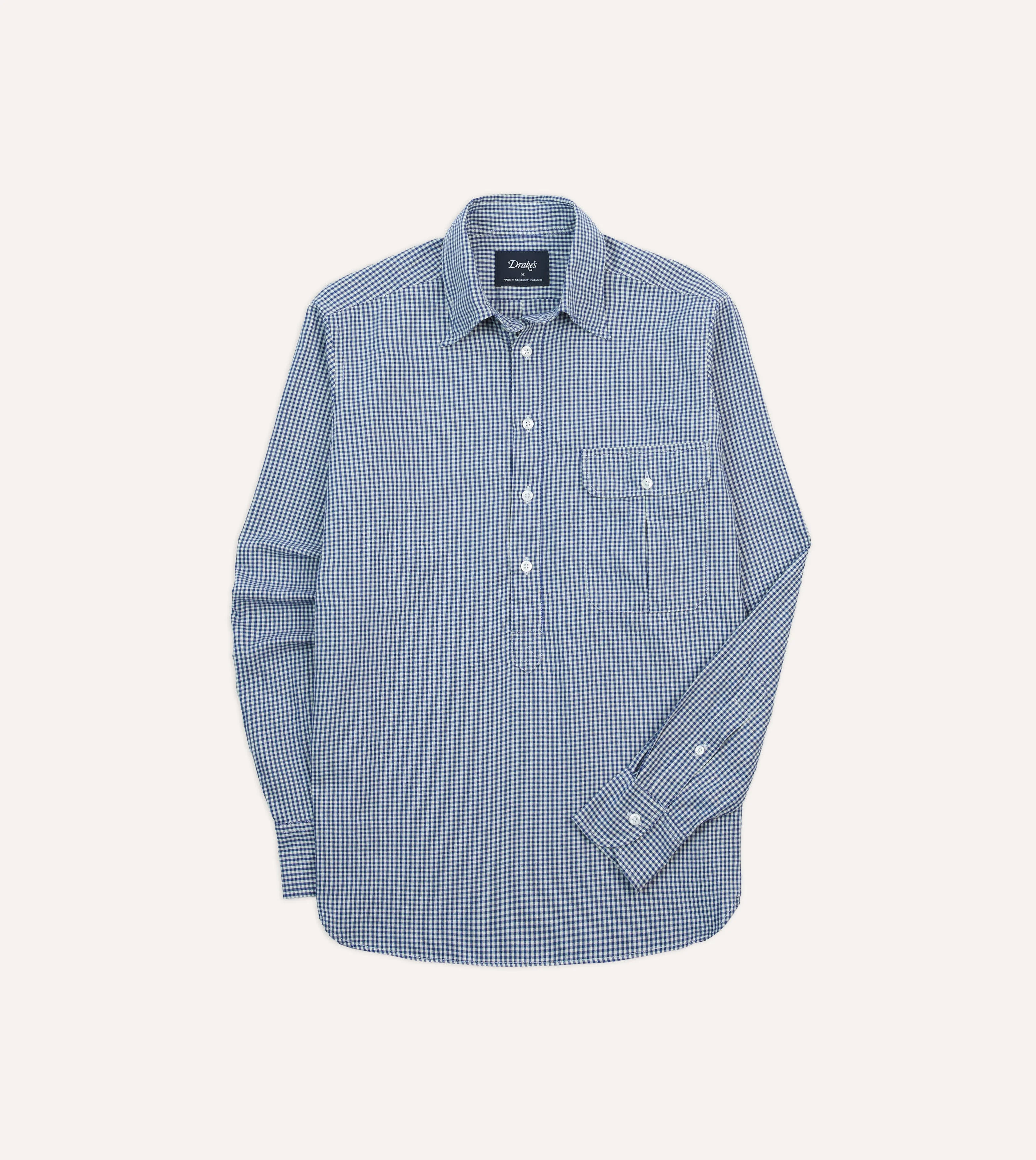 Blue Gingham Brushed Cotton Long Point Collar Popover Shirt - 1