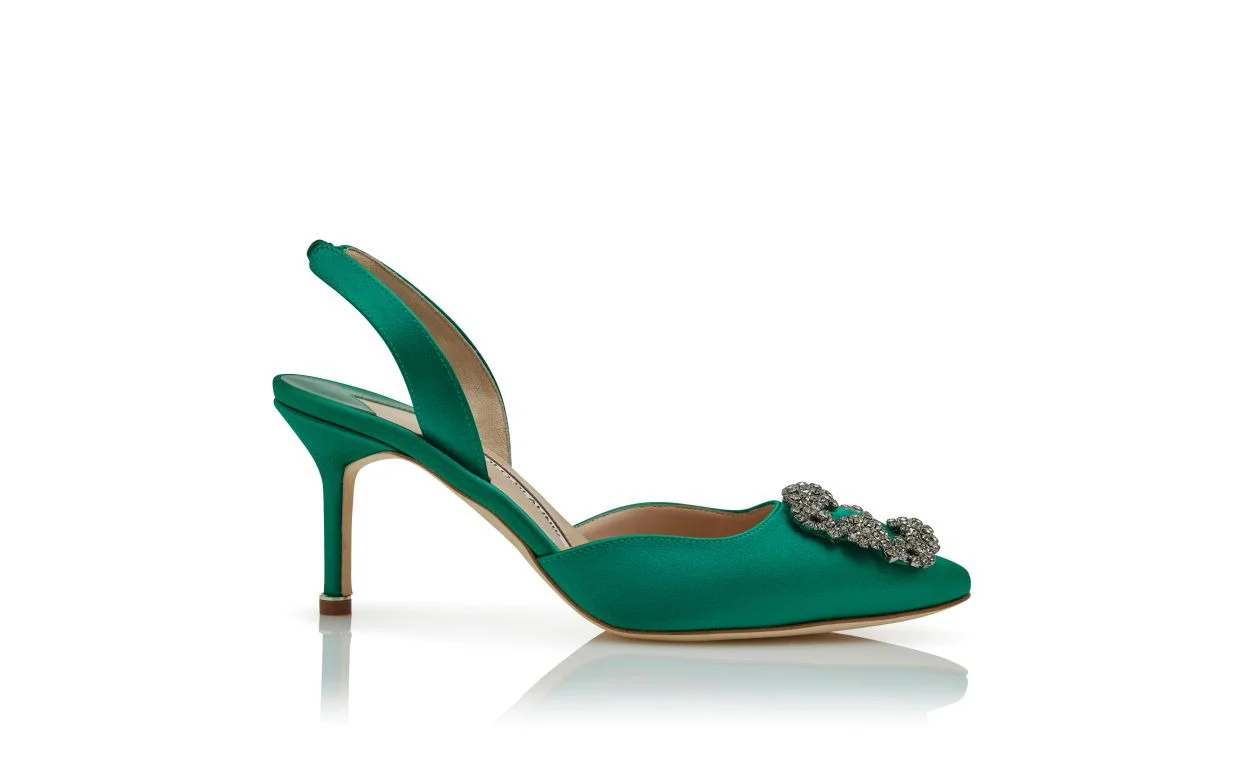 Green Satin Jewel Buckle Slingback Pumps - 1