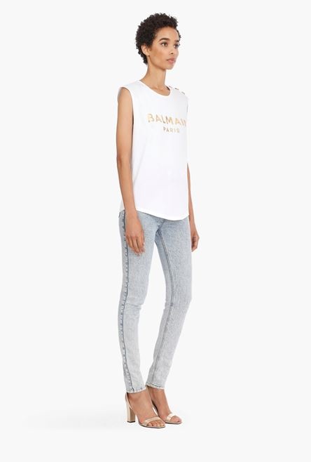 White eco-designed cotton T-shirt with gold Balmain logo print - 7