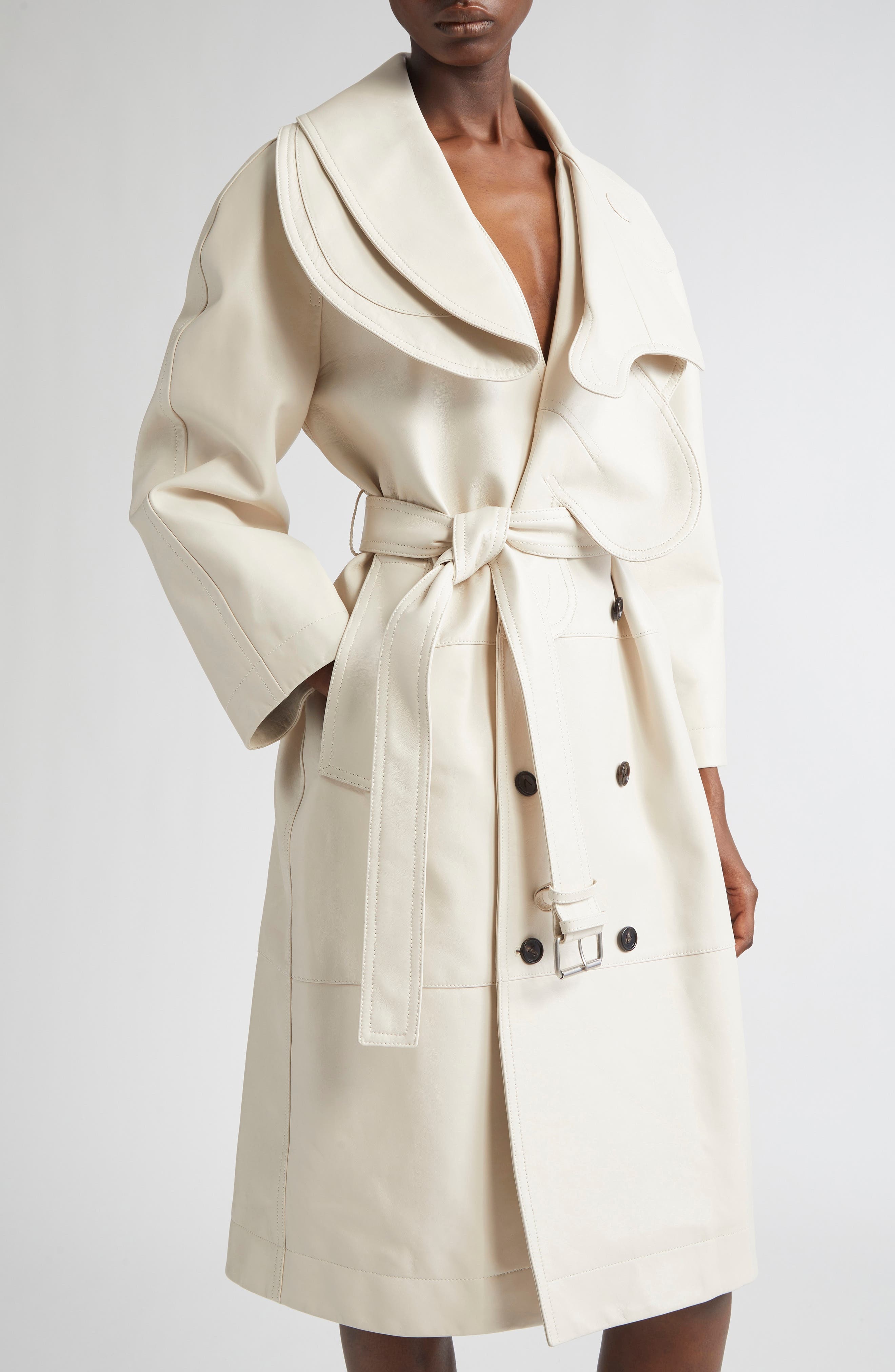 Bottega Veneta Double Breasted Leather Trench Coat in Pale Meringue at Nordstrom - 4