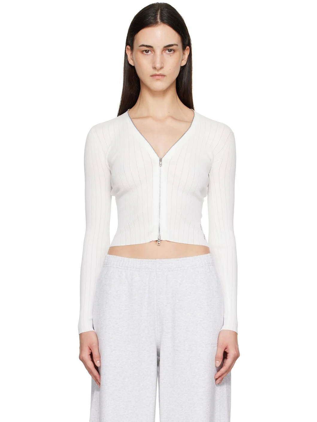 White V-Neck Long Sleeve Pointelle Zip Cardigan - 1