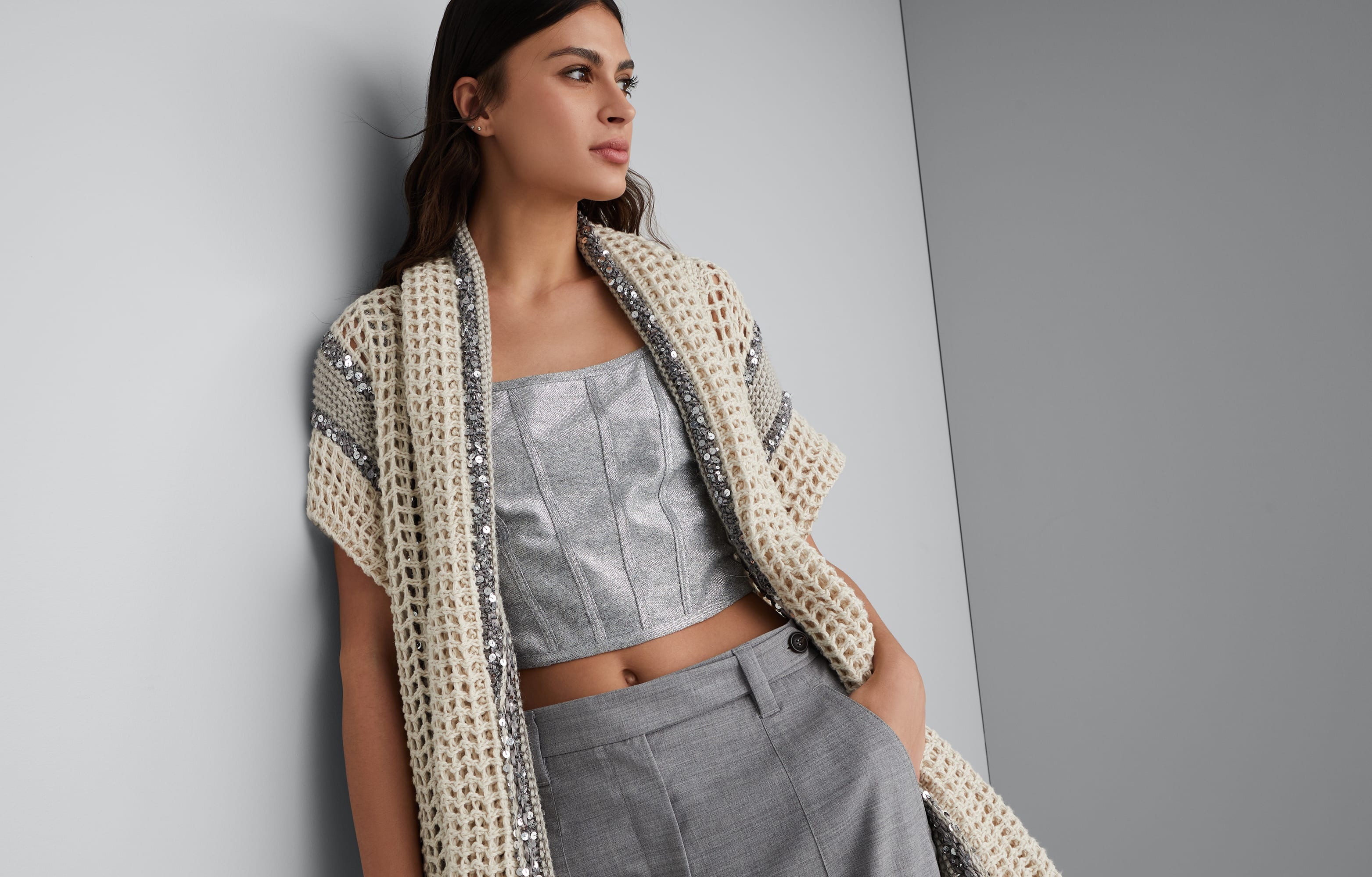 Dazzling stripe net knit cardigan in jute, linen, cotton and silk with belt - 6