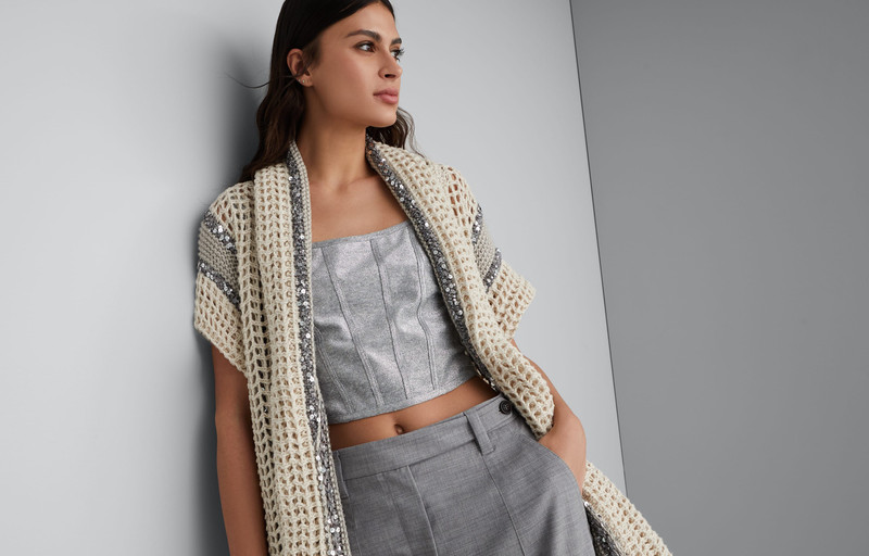 Dazzling stripe net knit cardigan in jute, linen, cotton and silk with belt 6