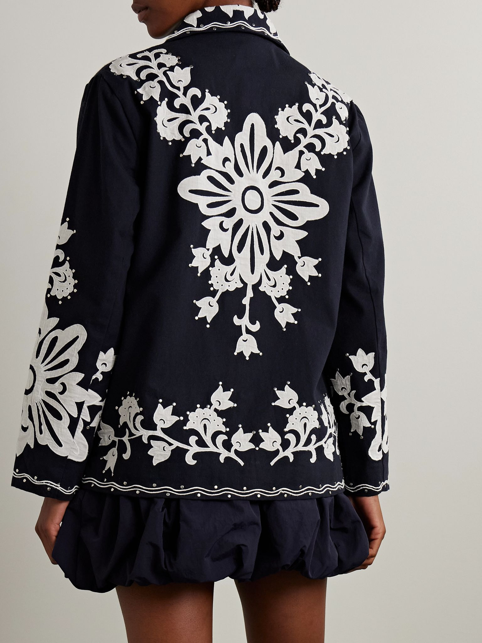 Liliana studded appliquéd cotton-canvas jacket Navy - 3