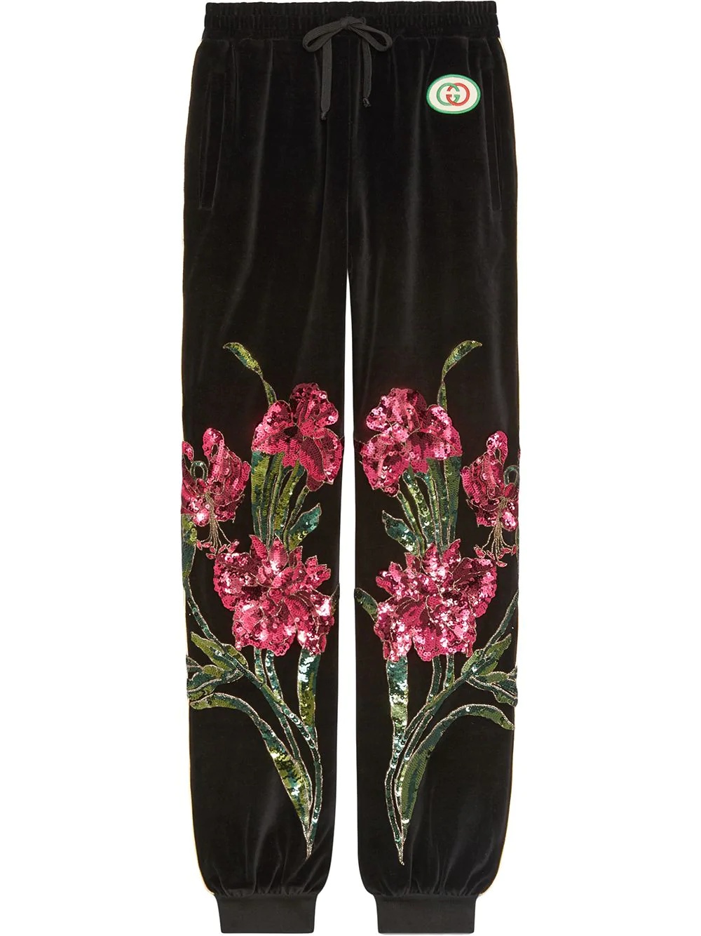 Chenille jogging pants with floral patches - 1