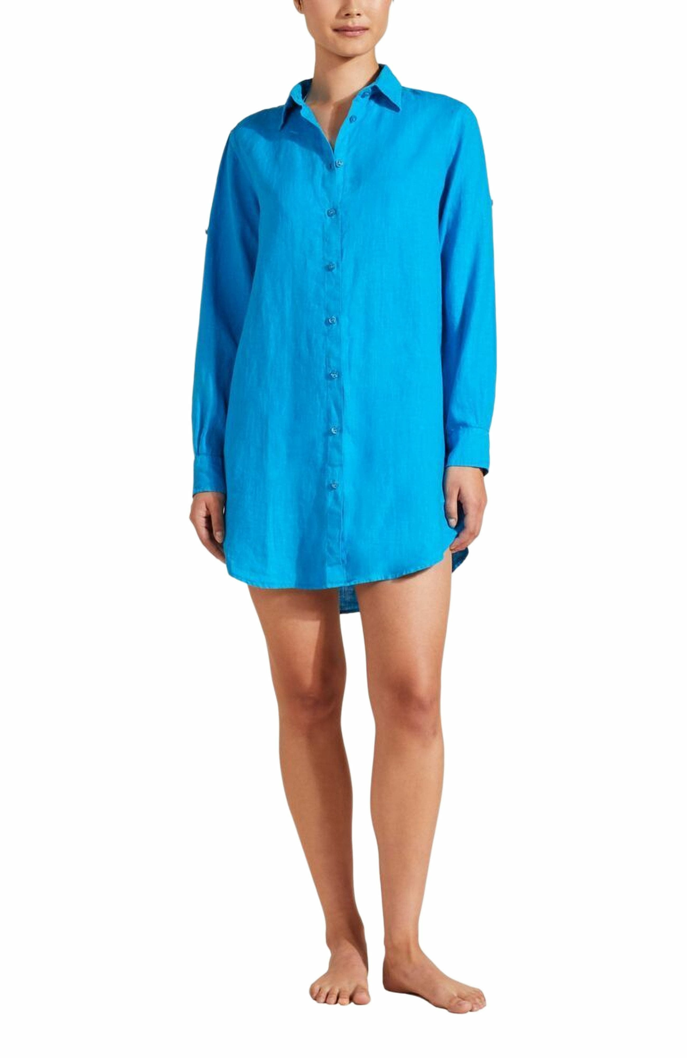 Vilebrequin Women's Solid Linen Shirt Dress in Bleu Hawai at Nordstrom - 1