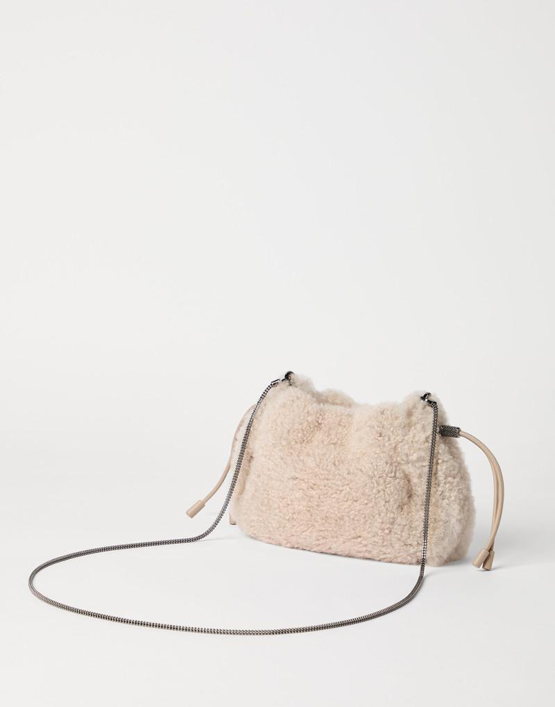 Brunello Cucinelli Mellow mini bucket bag in fuzzy shearling with precious chain outlook