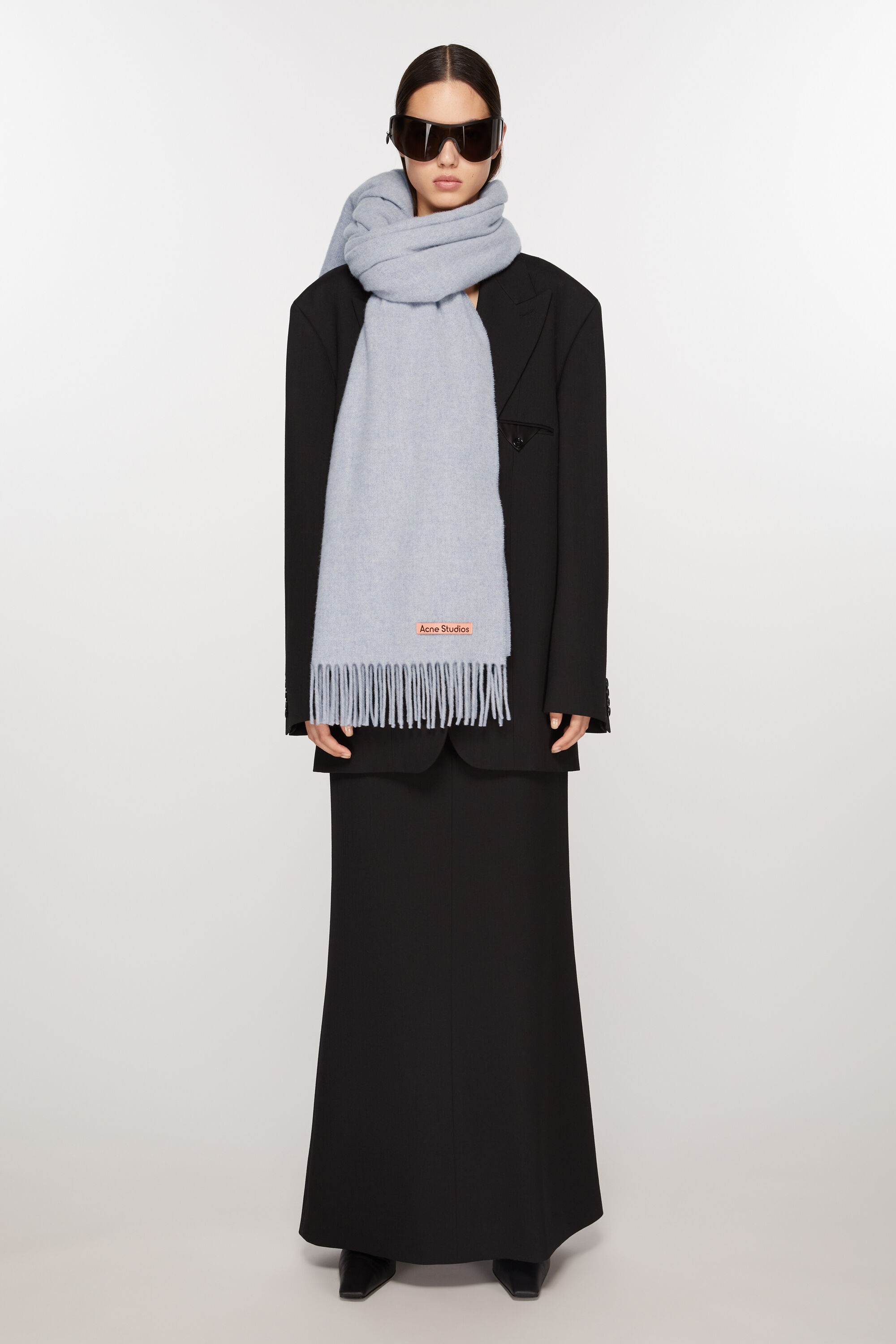 Fringe wool scarf - oversized - Powder blue mélange - 2