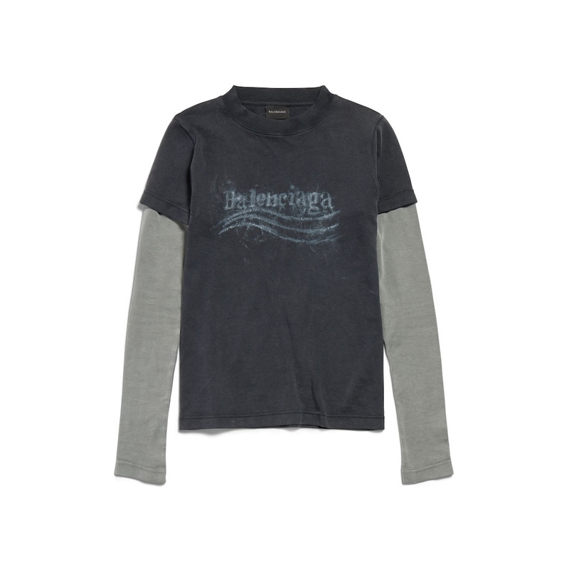 Women's Washed Crayon Political Double Sleeve T-shirt in Black Faded 1