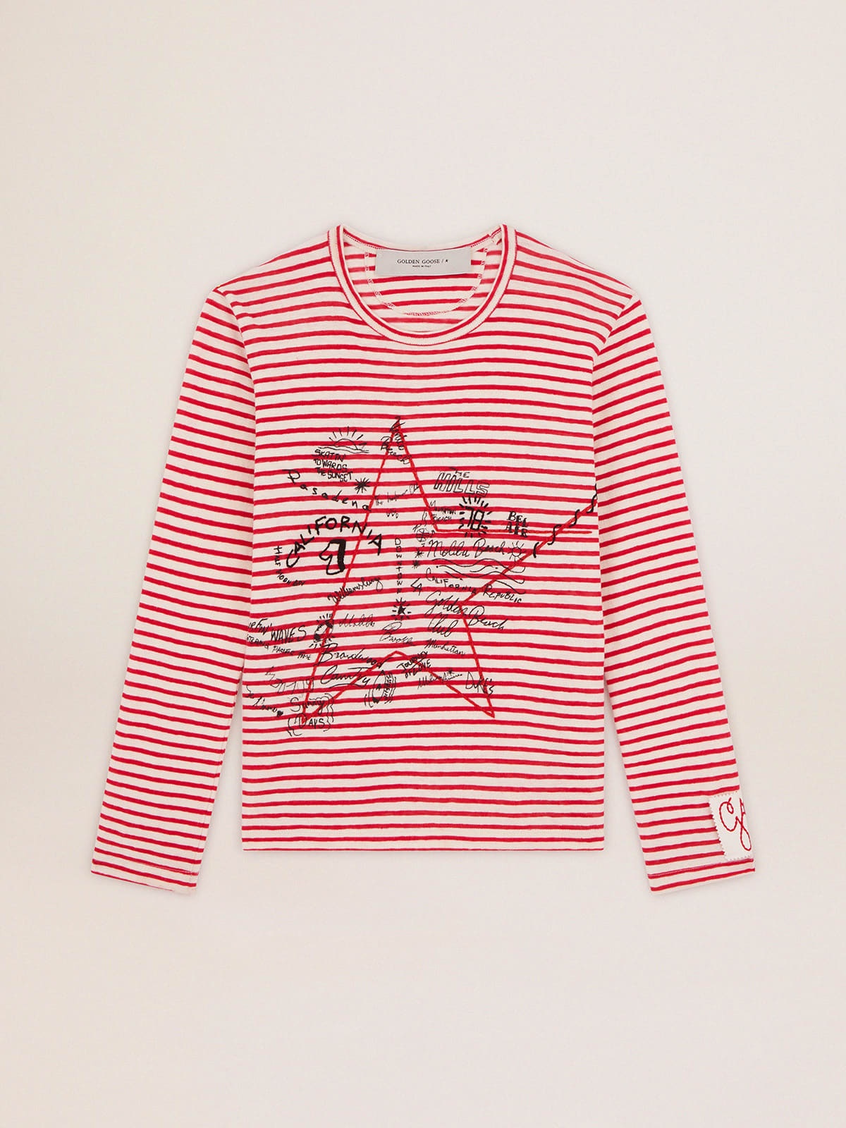 Women's T-shirt with white and red stripes and embroidery on the front - 1