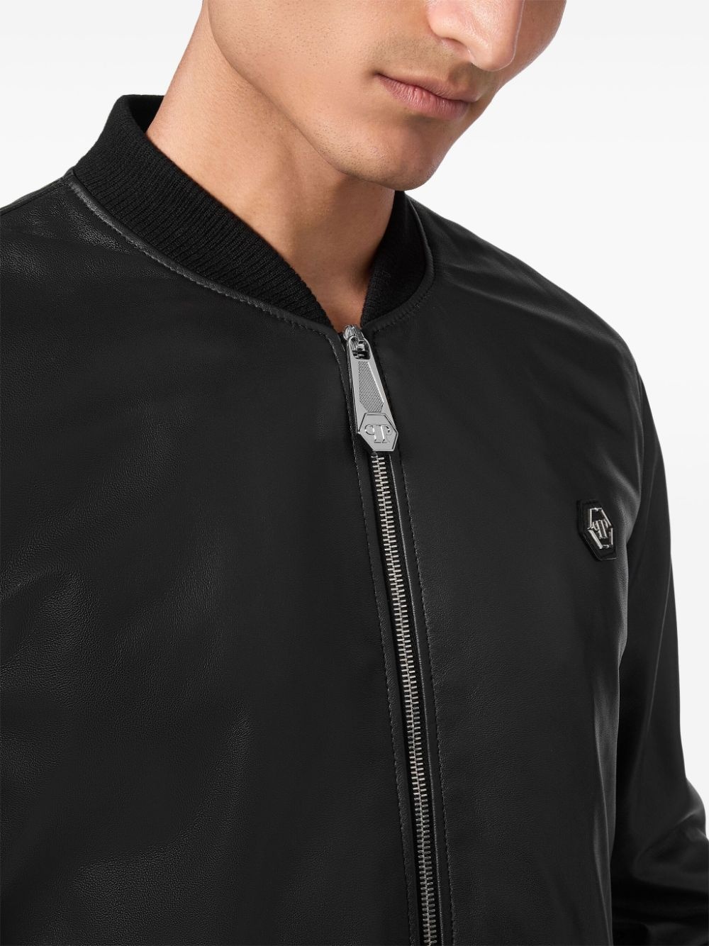 logo-patch leather jacket - 5