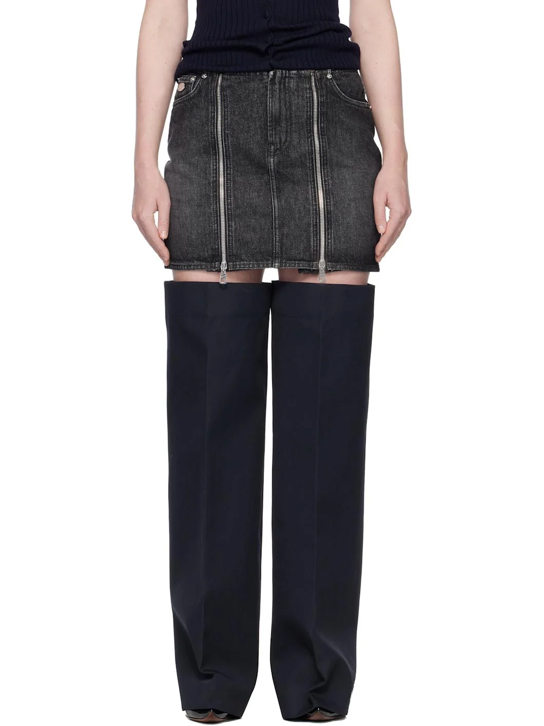 Black Front Zipped Denim Miniskirt - 1