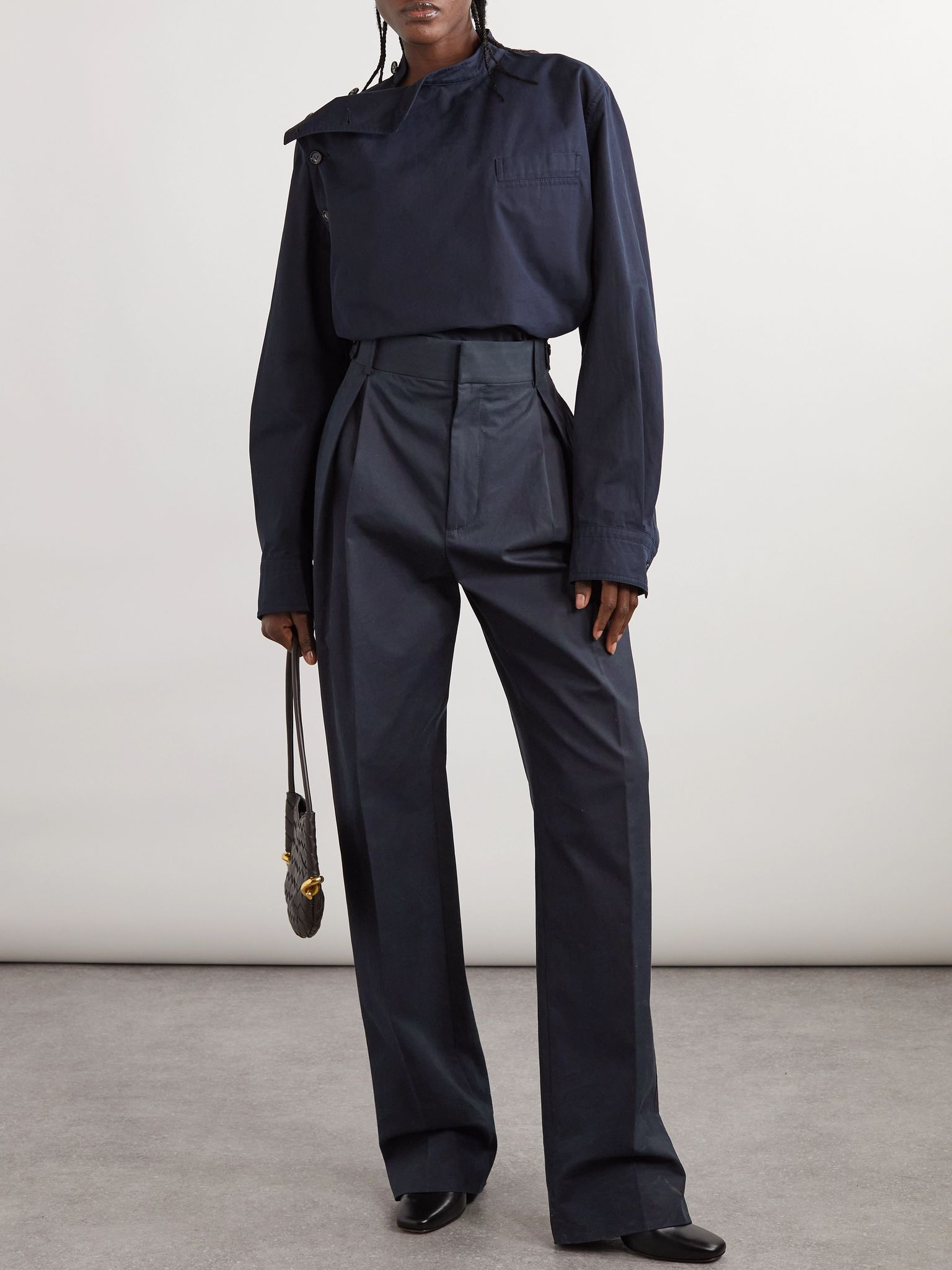 Pleated cotton-twill wide-leg pants Midnight blue - 2
