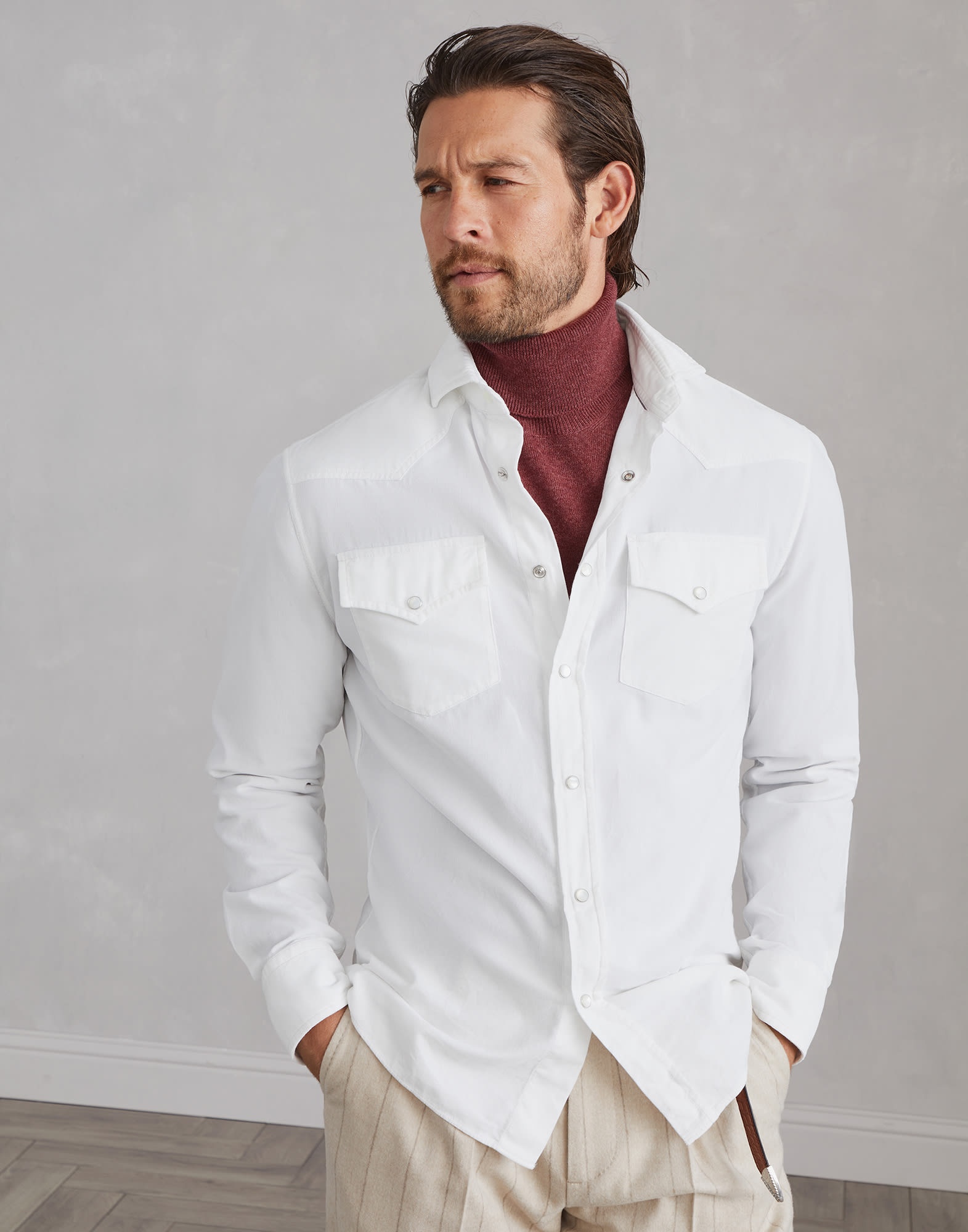 Garment-dyed easy fit western shirt in narrow wale corduroy - 1