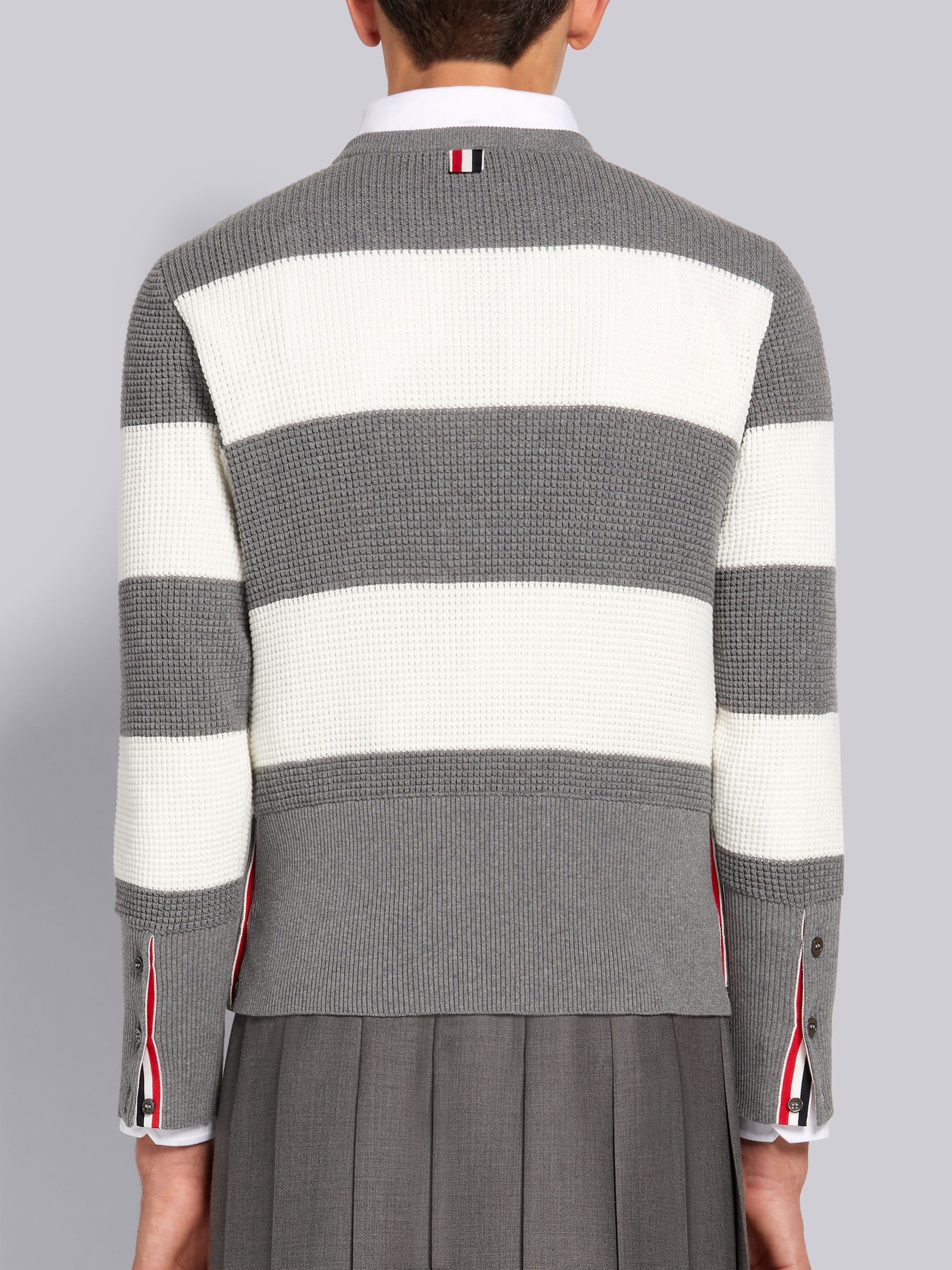 Light Grey Cotton Textured Rugby Stripe Classic Fit Crew Neck Pullover - 3