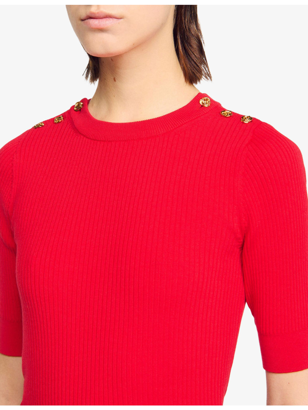 Button-Embellished Short-Sleeved Stretch-Knit Jumper - 5