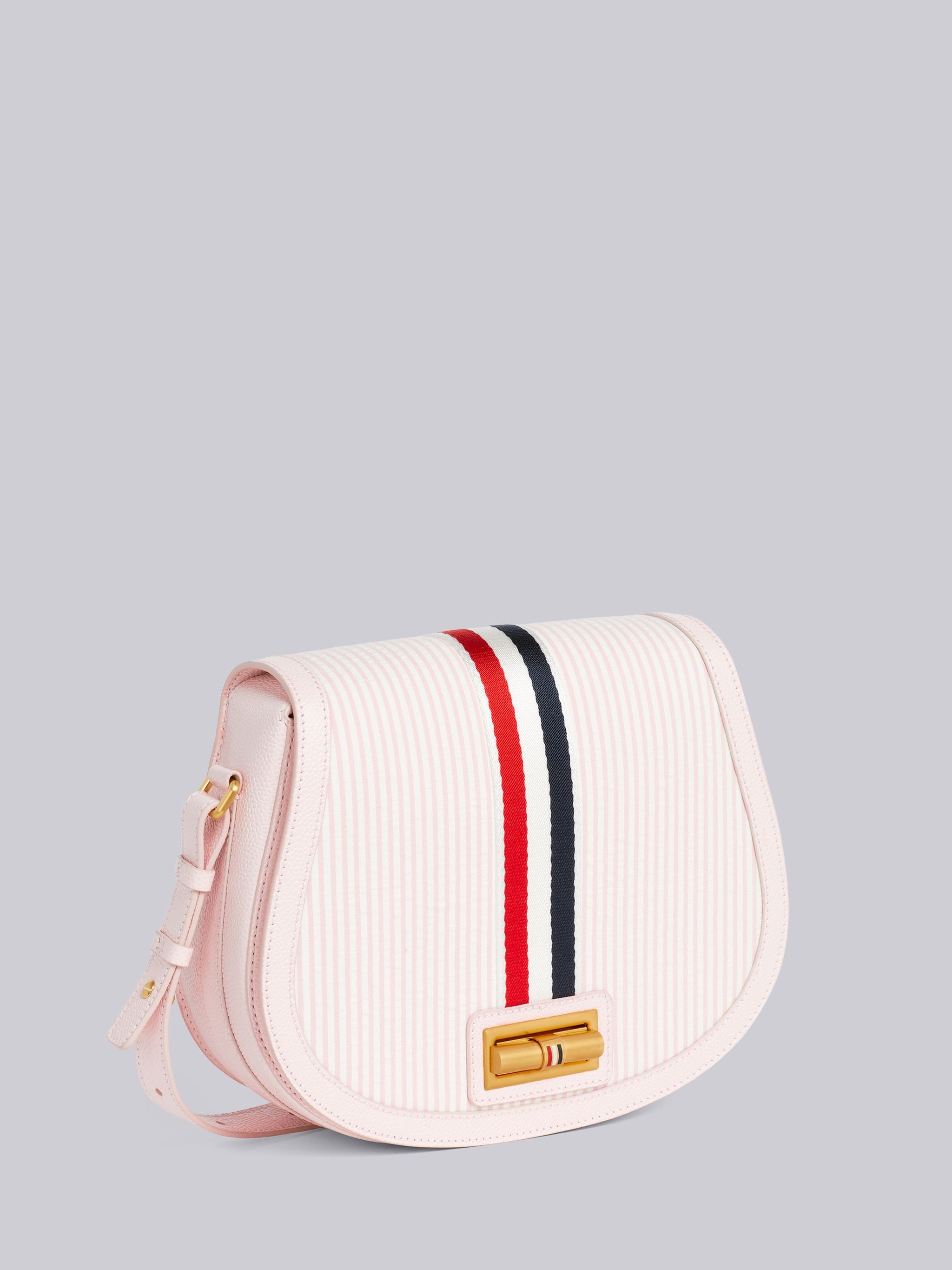 Light Pink Stripe Seersucker Webbing Enamel Lock Saddle Shoulder Bag - 3