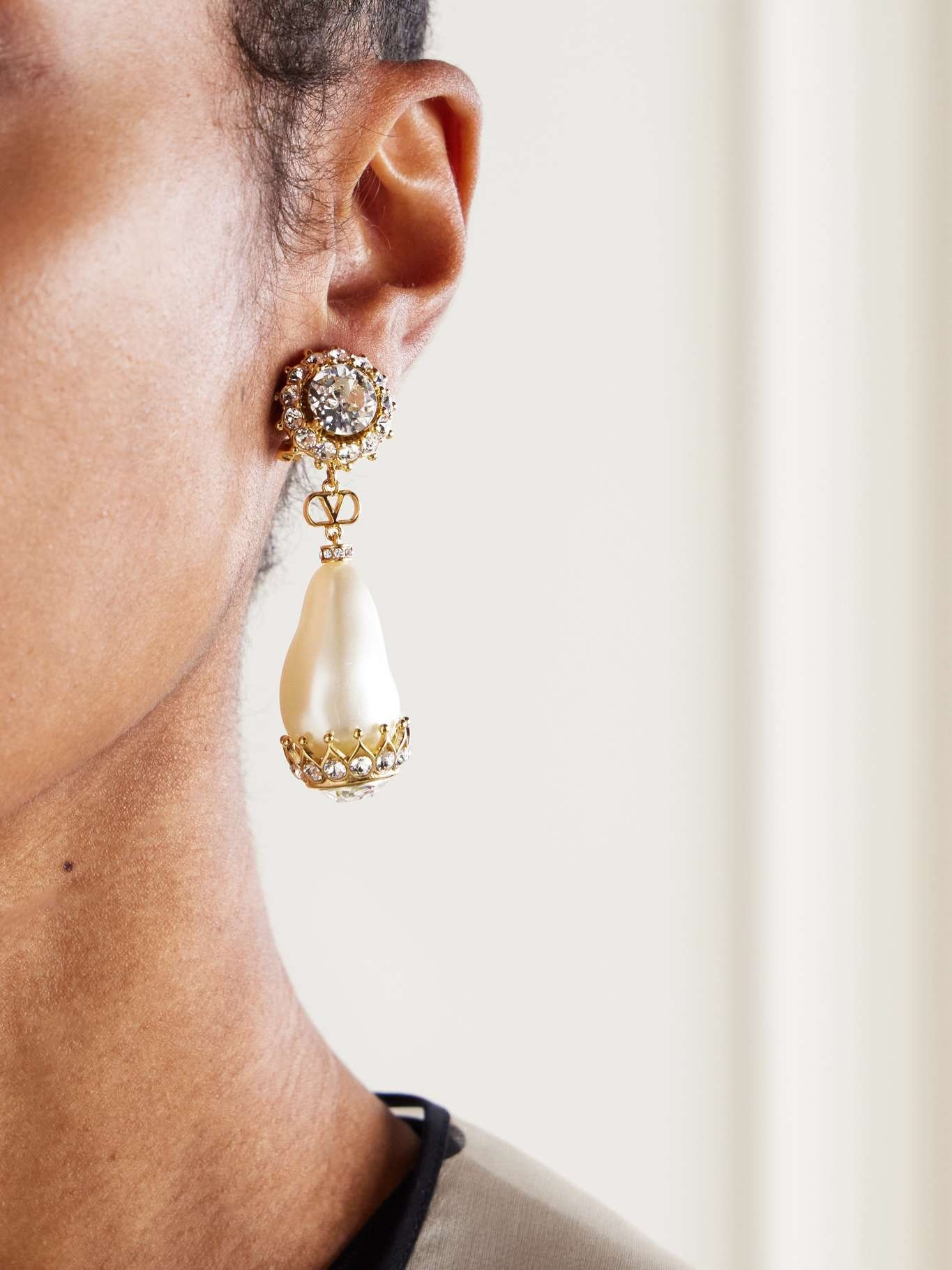 Gold-tone, faux pearl, crystal and resin clip earrings White - 2