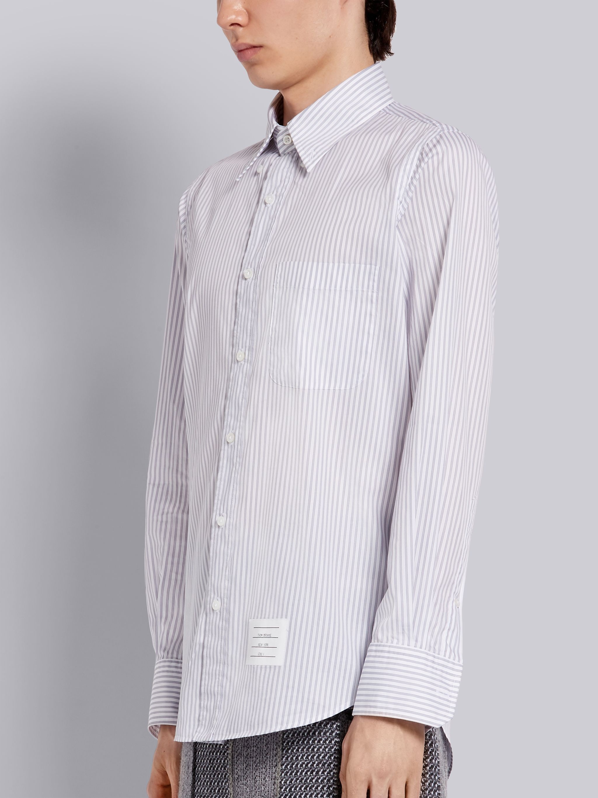 Medium Grey Pinstripe Cotton Poplin Straight Fit Long Sleeve Shirt - 3