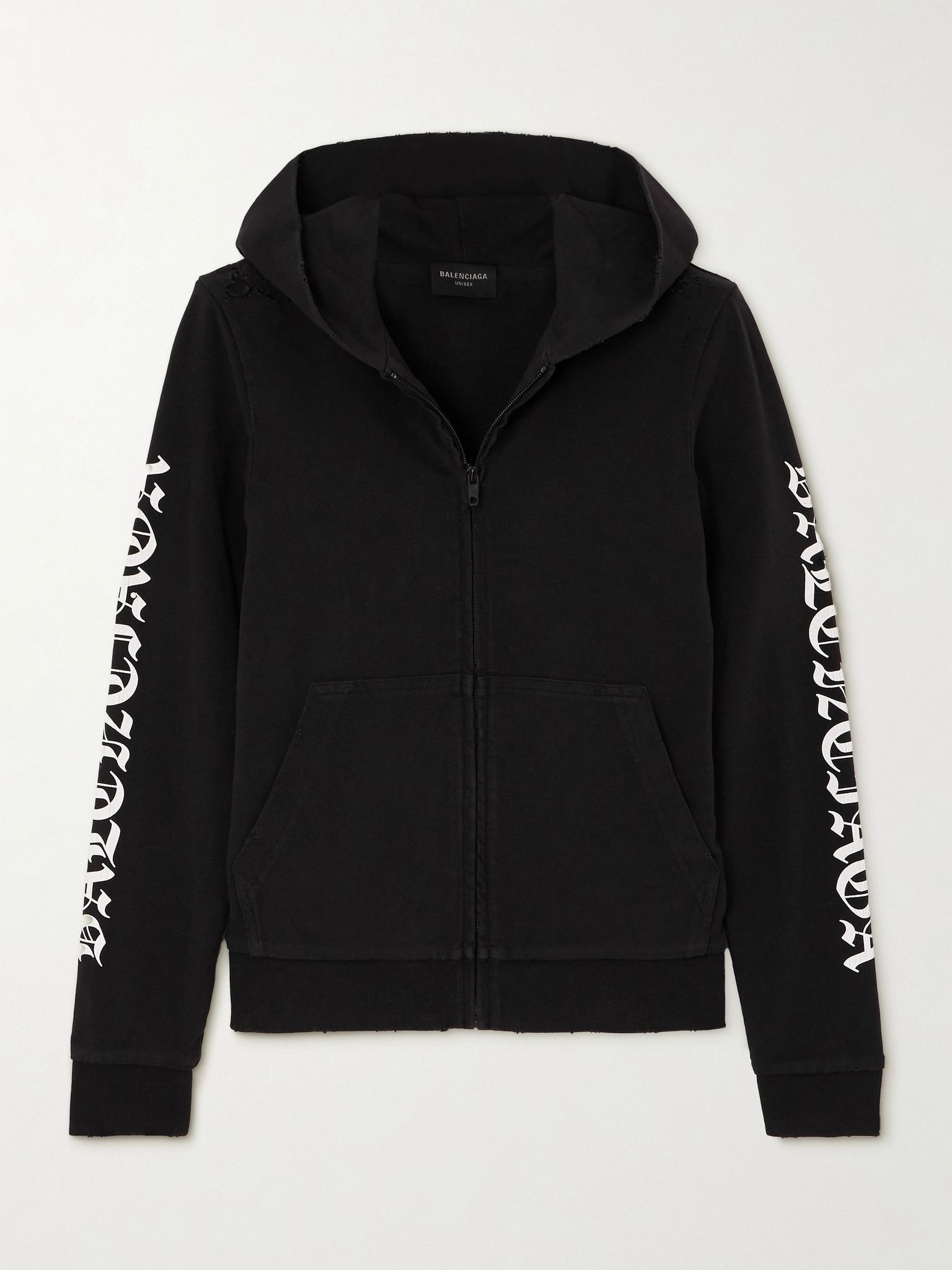 Distressed printed cotton-blend jersey hoodie Black - 1