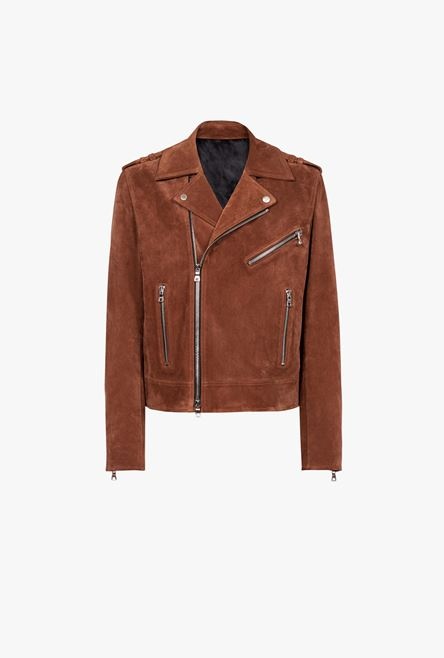 Balmain x Netflix -Hazelnut brown suede biker jacket - 1
