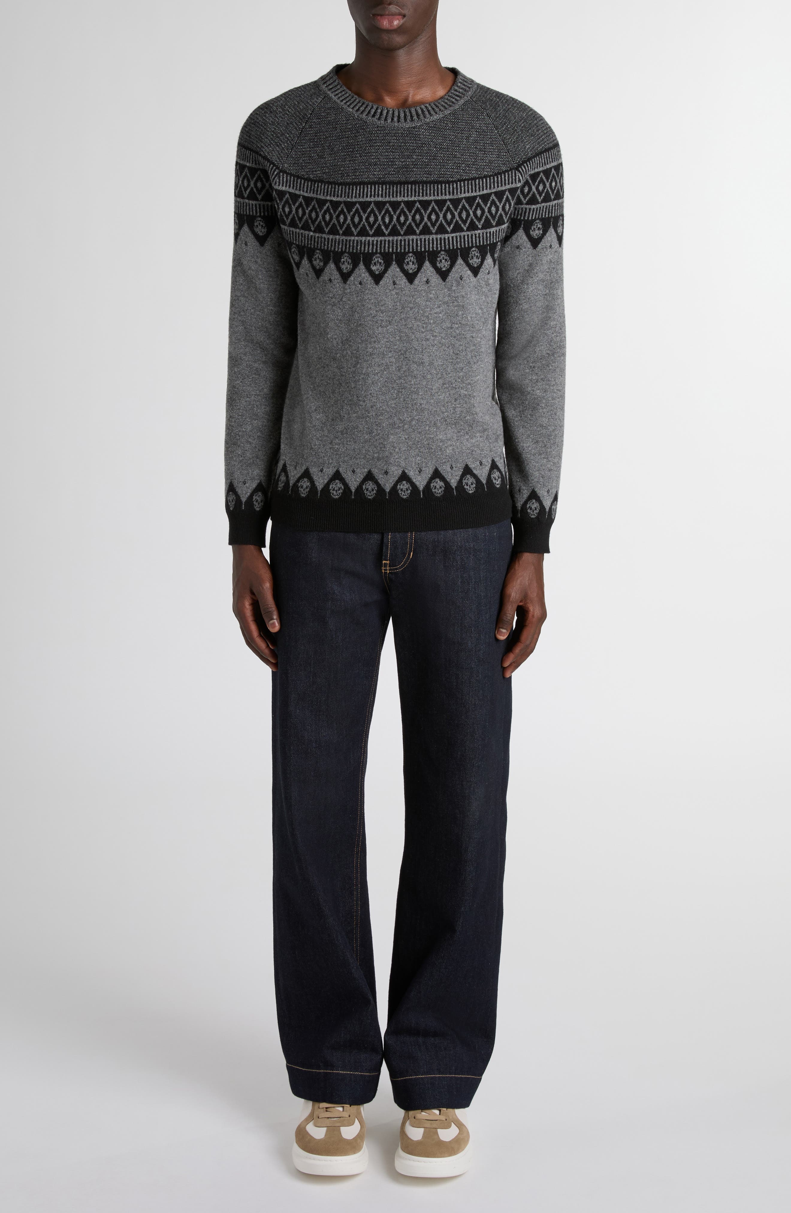 McQueen Skull Fair Isle Wool Crewneck Sweater in Greymel/Black at Nordstrom - 2