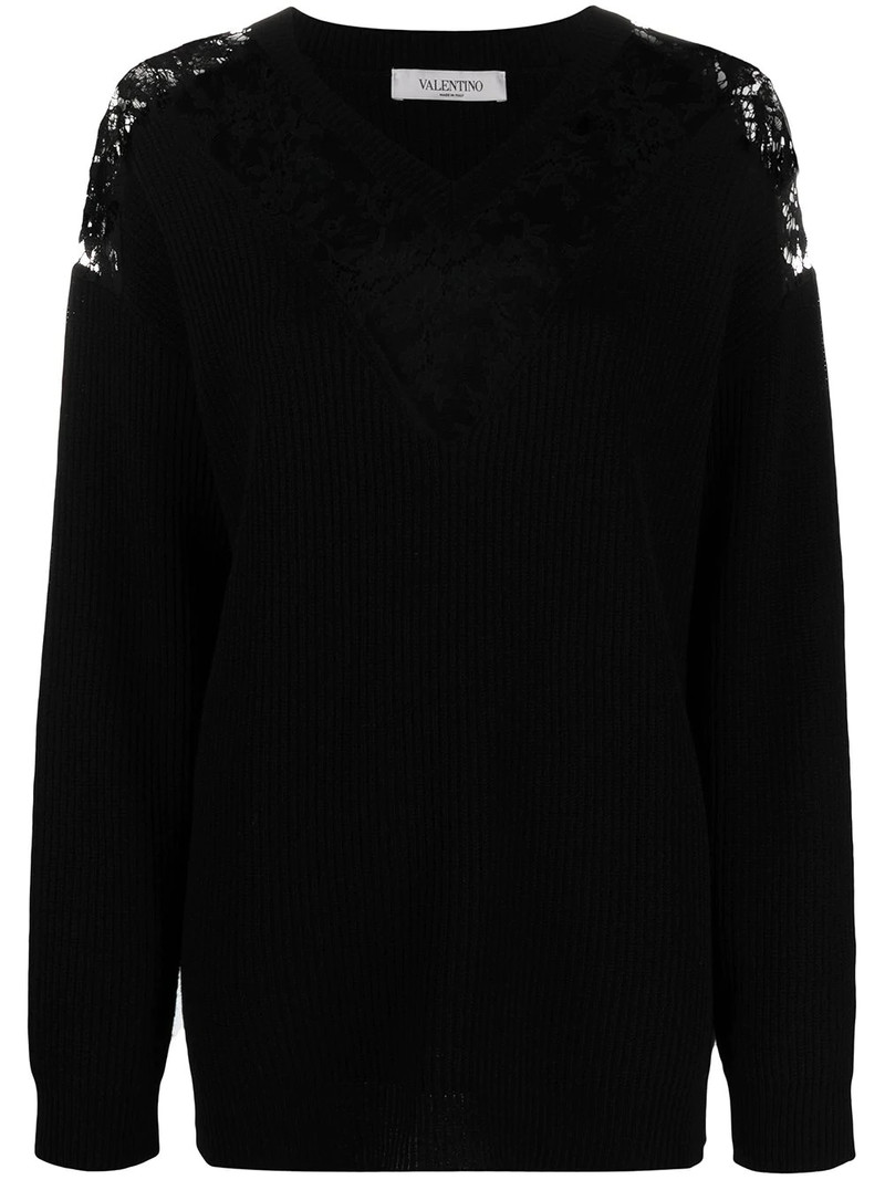 lace-embellished V-neck jumper 1