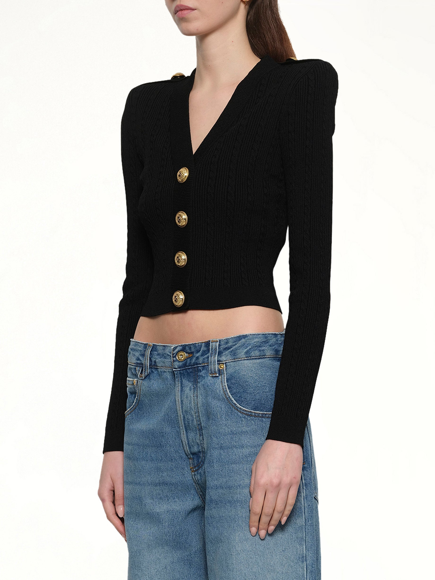 LS Buttoned V-Neck Torsade Knit Cardigan in Black - 3