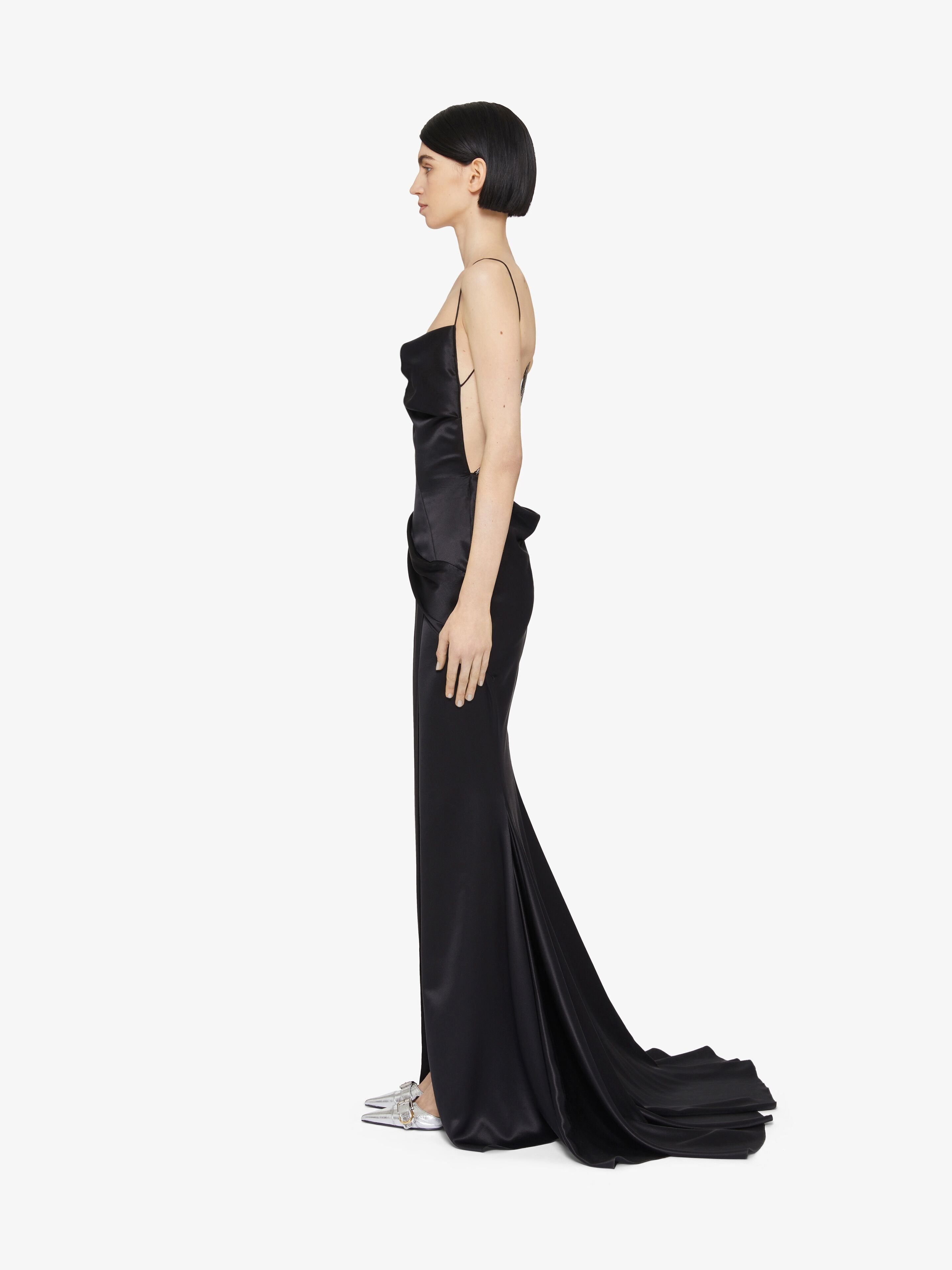 EVENING DRAPED DRESS IN SATIN WITH CRYSTALS - 3
