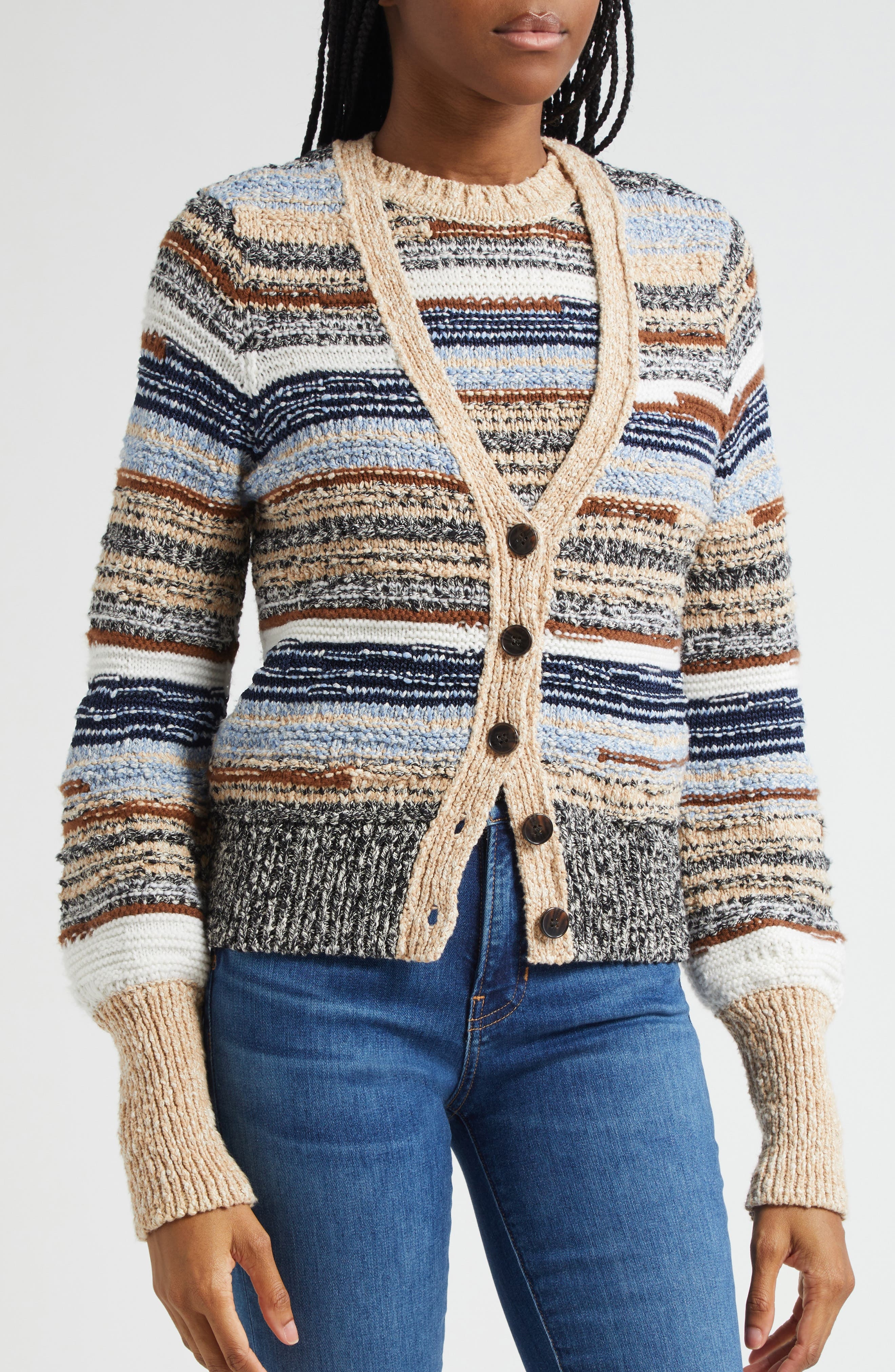 Veronica Beard Cecily Mixed Stripe Cotton Cardigan in Whisky Multi at Nordstrom - 5