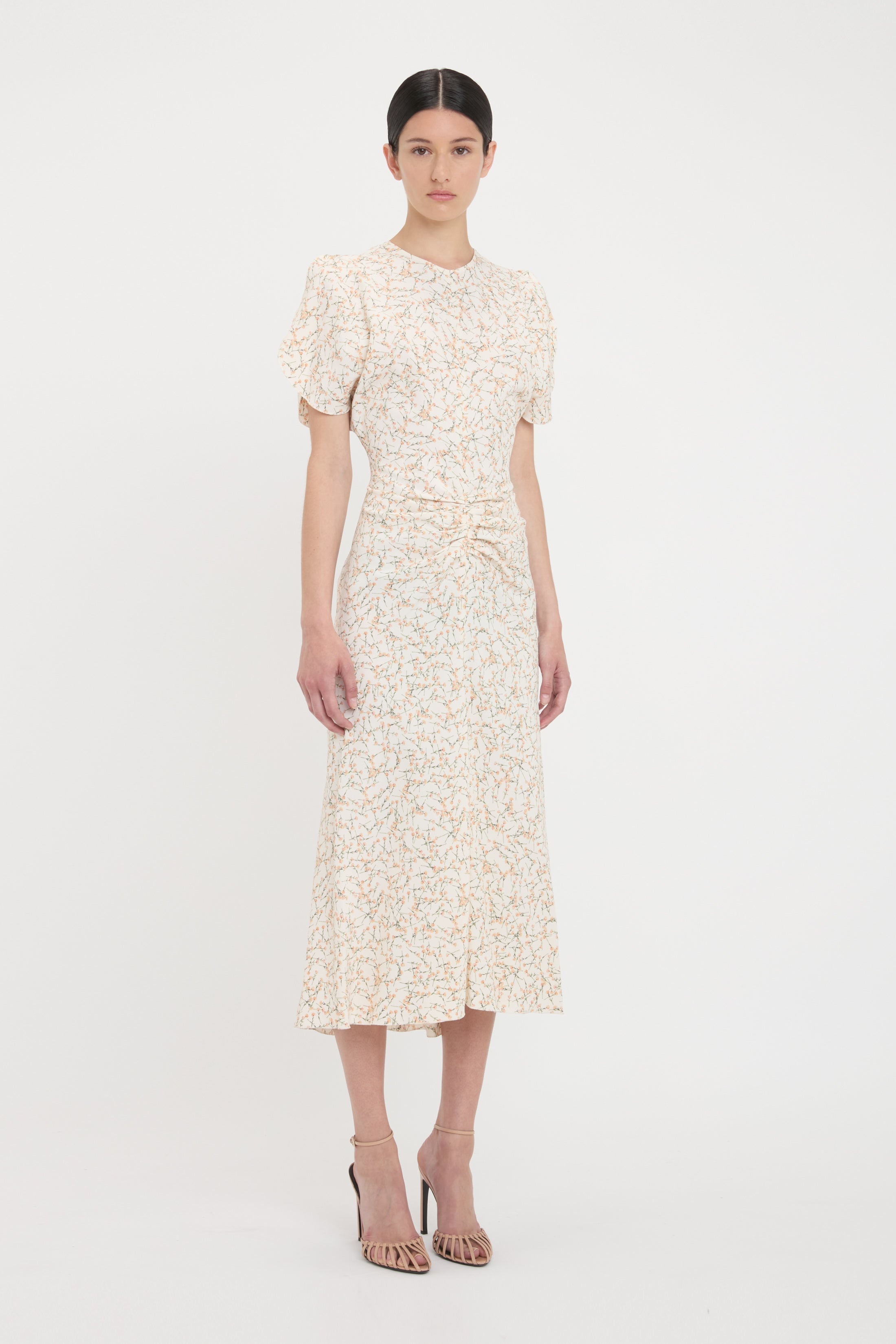 Gathered Waist Midi Dress In Floral Ovation Peach - 3