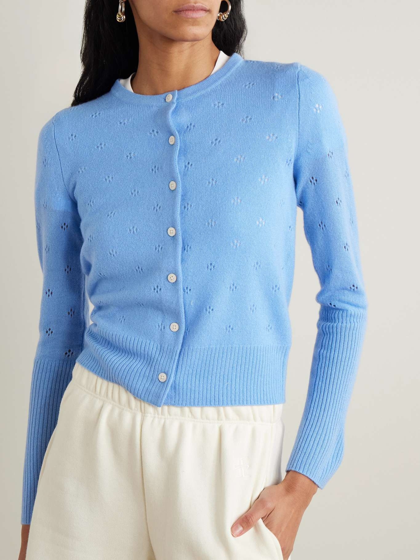 Jane pointelle-knit cashmere cardigan Sky blue - 3
