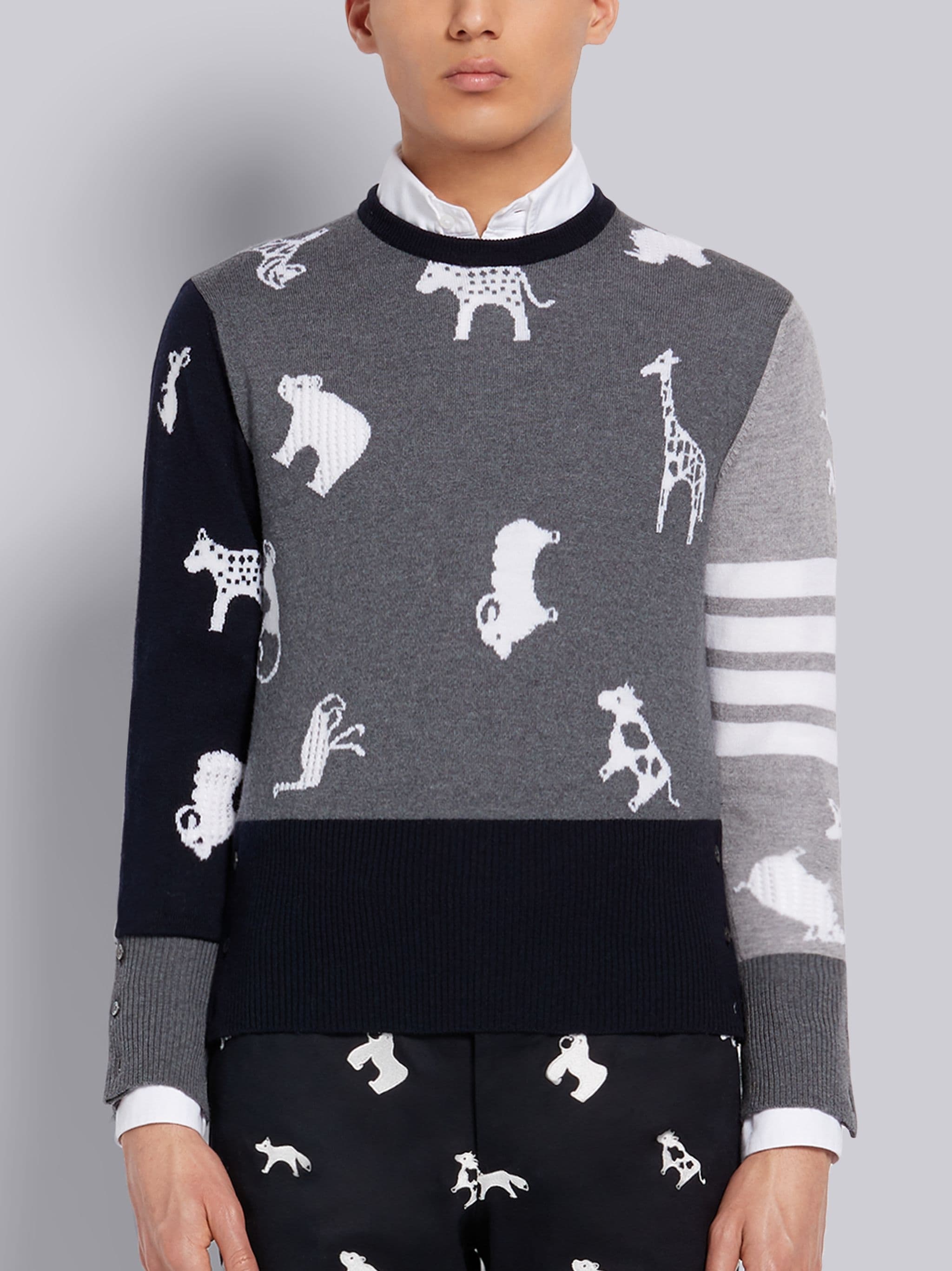 Fun-Mix Fine Merino Wool Animal Icon Crewneck 4-Bar Pullover - 1