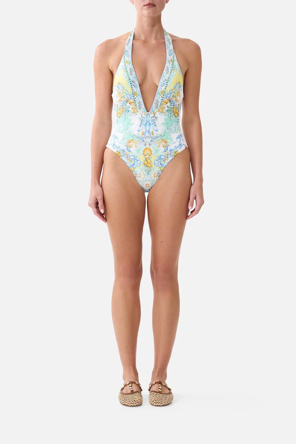 PLUNGE HALTER ONE PIECE W BAR FRONT TRIM - 1