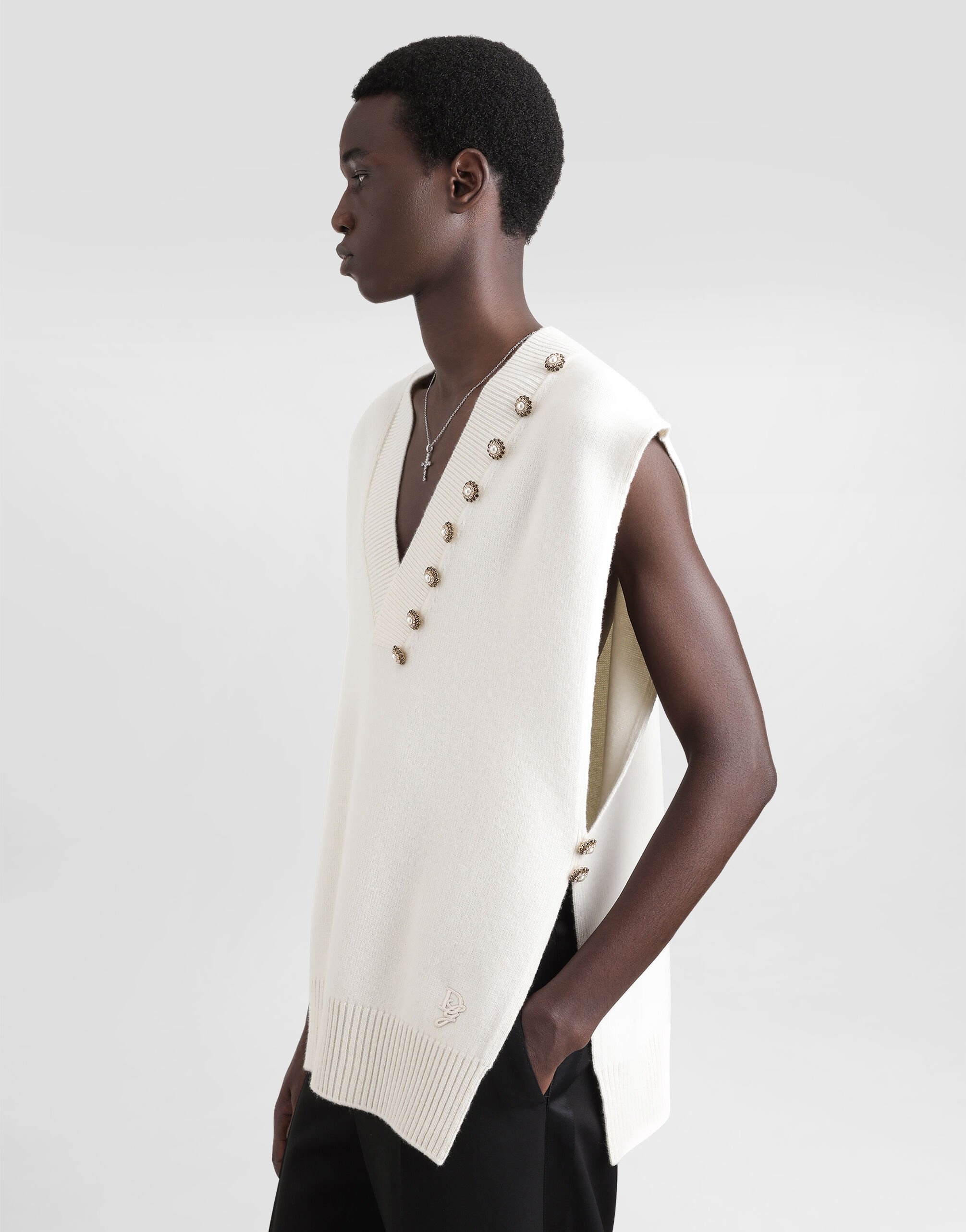 Wool V-neck vest with bejeweled buttons and DG embroidery - 4
