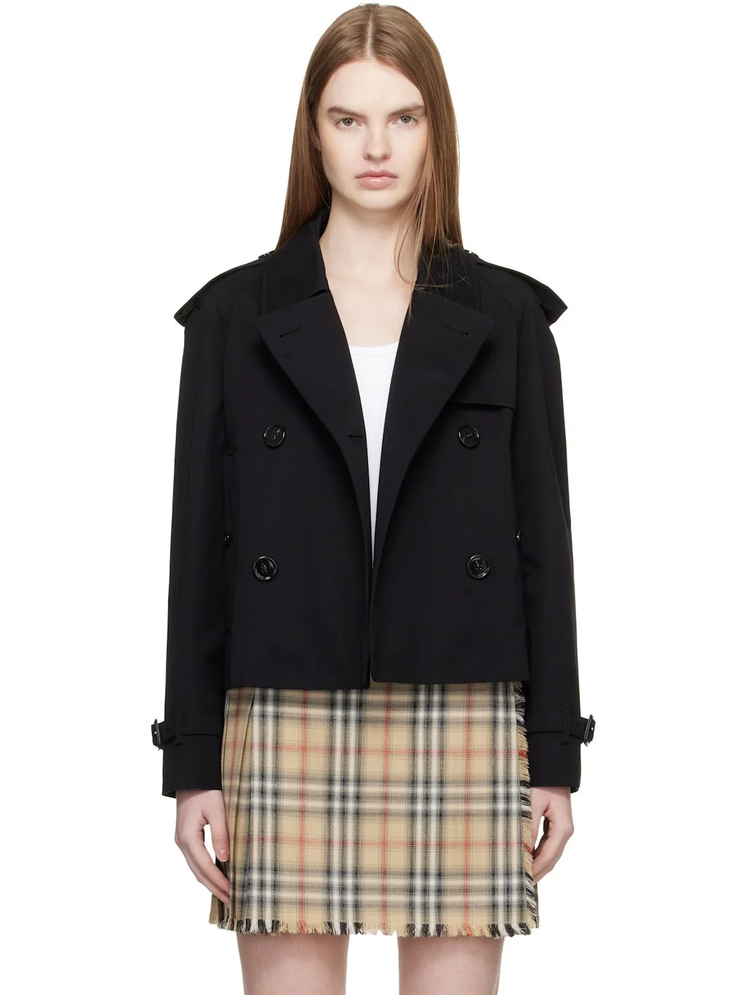 Black Cropped Gabardine Trench Jacket - 1