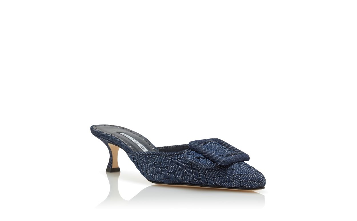 Dark Blue Chambray Buckle Detail Mules - 3