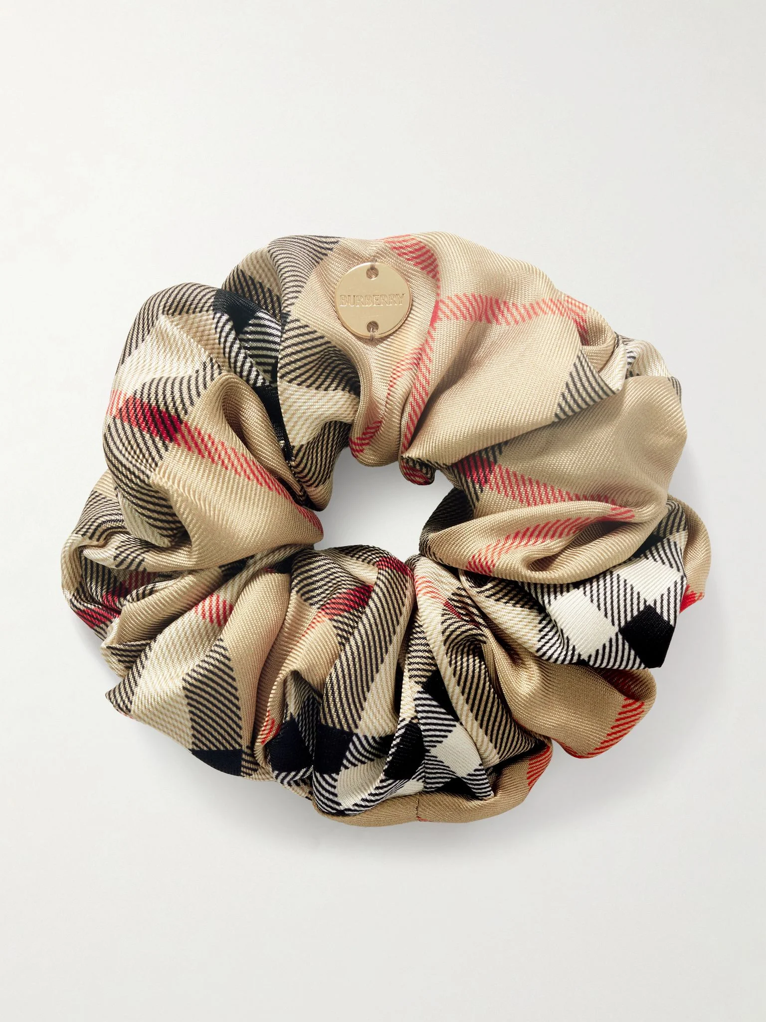 Embellished checked silk scrunchie Sand - 1