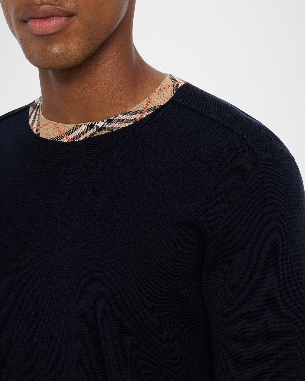 Men's Wool Knit Check-Trim Crewneck Sweater - 5