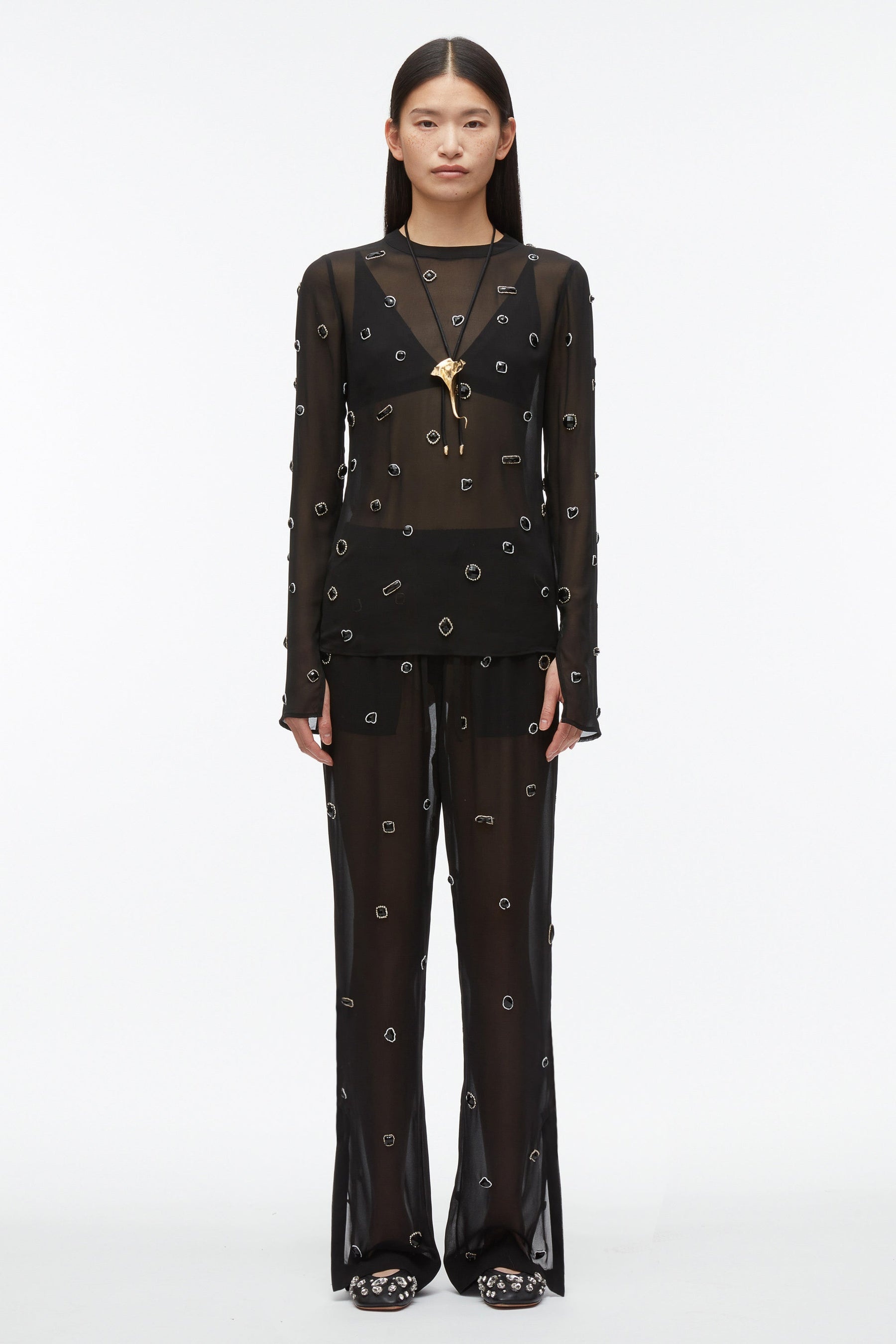 Halo Embroidered Chiffon Long Sleeve Top - 3