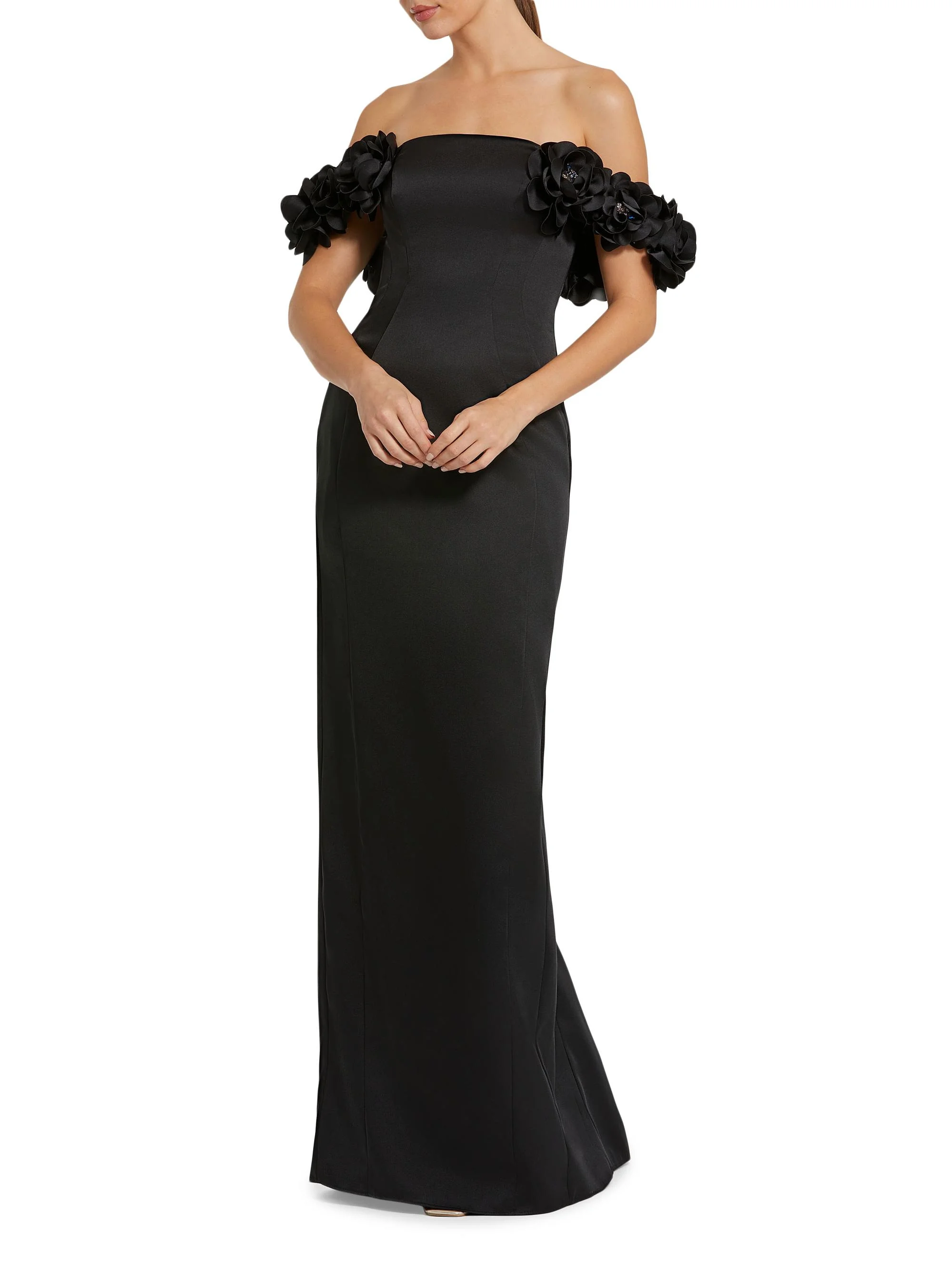 Women's Satin 3D Flower Off-The-Shoulder Mermaid Gown - Black - 1