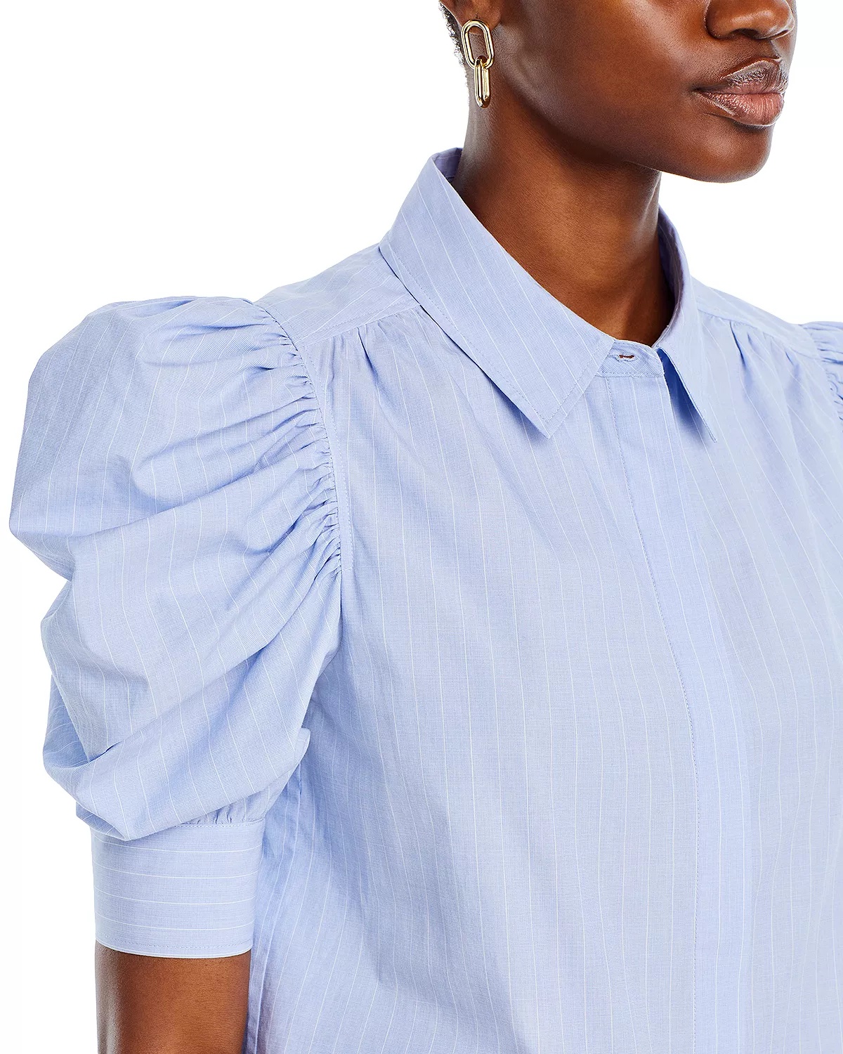 Striped Puff Sleeve Button Front Shirt - 4